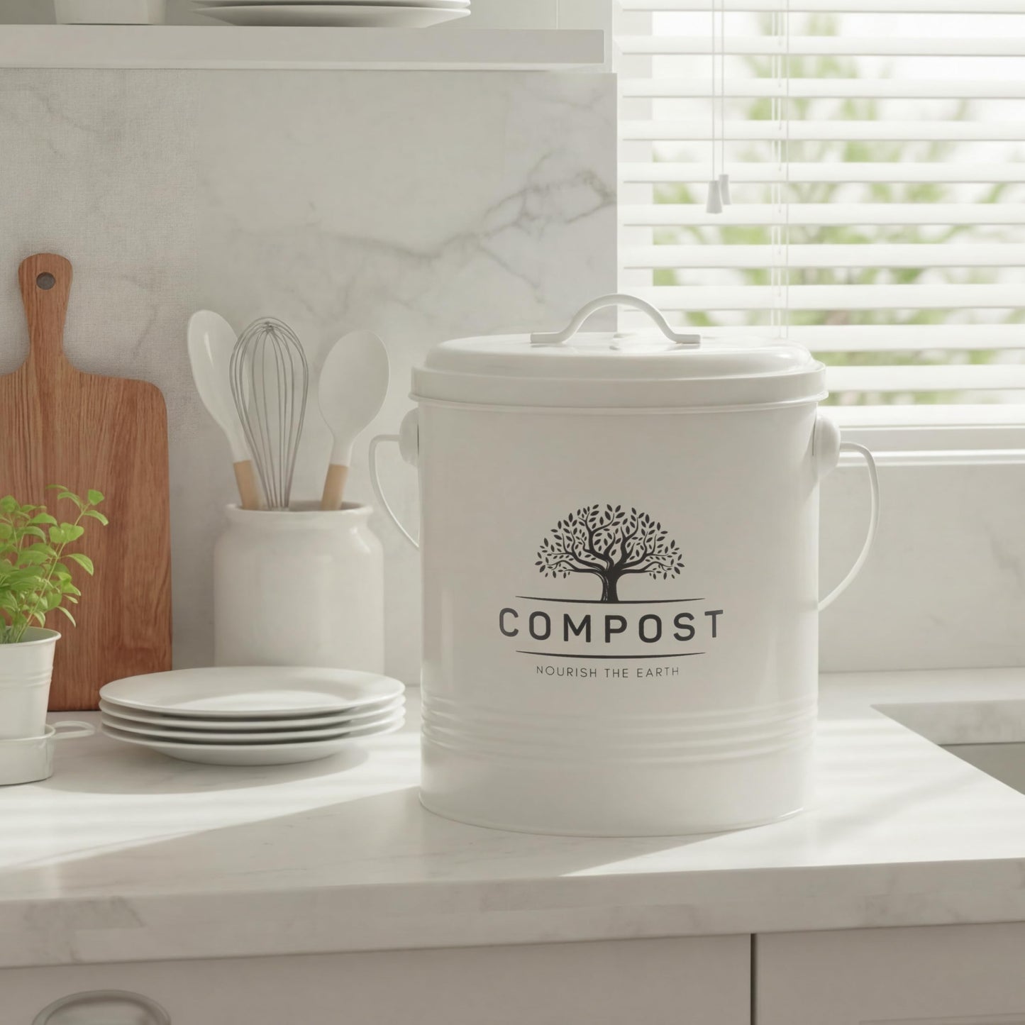 Perfnique Kitchen Compost Bin, 1.3 Gallon Countertop Compost Bin with Lid, Indoor Compost Bucket Includes Inner Bucket Liner and Carbon Filter, Small Compost Bin (Without Bags, Cream)