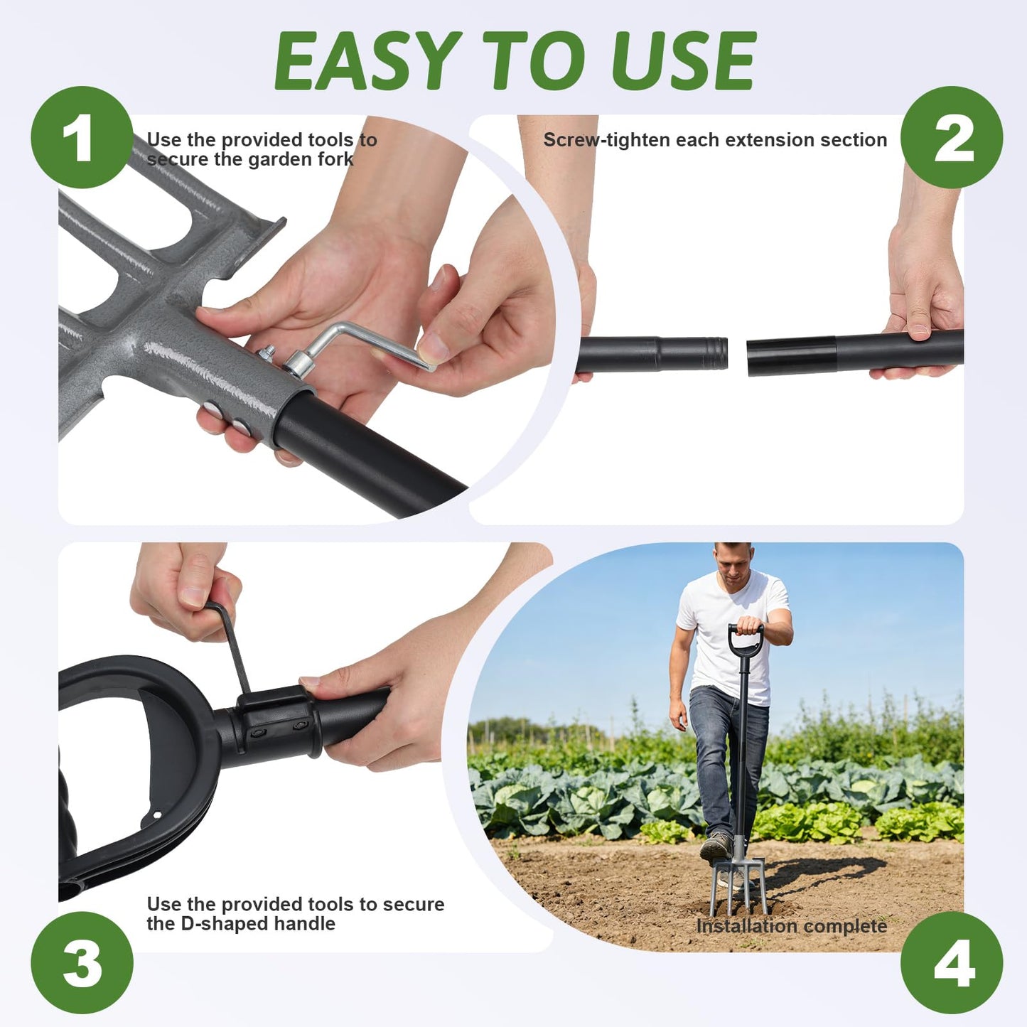 TAILERNRUYE Gardening Pitchfork, 4-Tine Garden Fork 47” Heavy Duty Digging Manure Forks for Mulch Spreading Loosening Hay Potato Digging Composting Transplanting Aeration Farm Garden