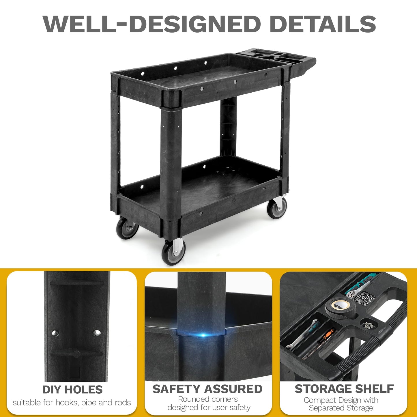DWVO Utility Cart, 1000 lbs Capacity, 2 Shelf Heavy Duty Plastic Service Utility Cart on Wheels, Rolling Storage Work Carts Suitable for Warehouse, Garage, School & Office, Cleaning, Black