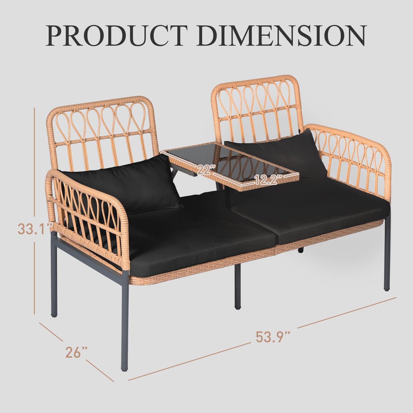 PROHIKER Outdoor Rattan Loveseat with Built-in Glass Table, 2-Seat Wicker Patio Furniture Set with Lumbar Pillows & Thick Cushions, All-Weather Conversation Sofa for Balcony, Porch & Backyard