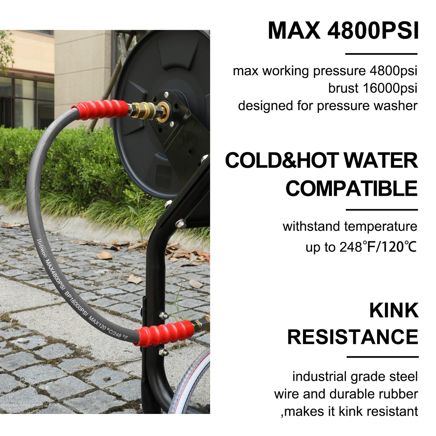Heliwoo Pressure Washer Whip Hose 5FT, 3/8'' Reel Connector for Power Washer, 248°F Hot Water Jumper with 3/8'' Quick Connect Adapter Set, Steel-Braided-4800 PSI