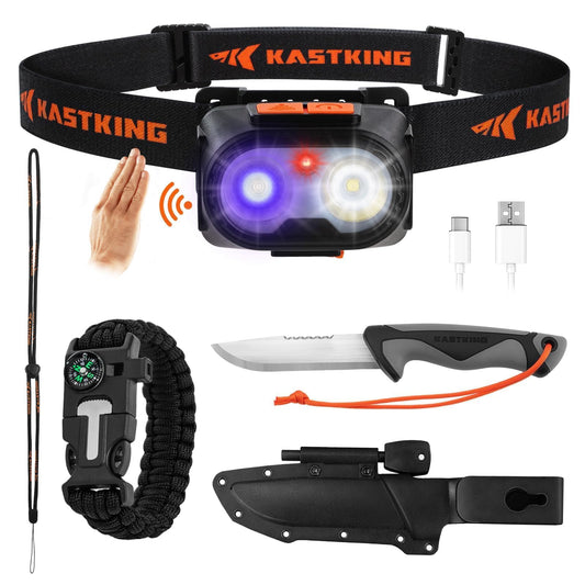 KastKing FieldLite Camping Gear Set, 5-Mode LED Headlamp, 7" Razor-Sharp Knife with Sheath & Fire Starter, 5-in-1 Tactical Bracelet, Multi-Function Outdoor Kit