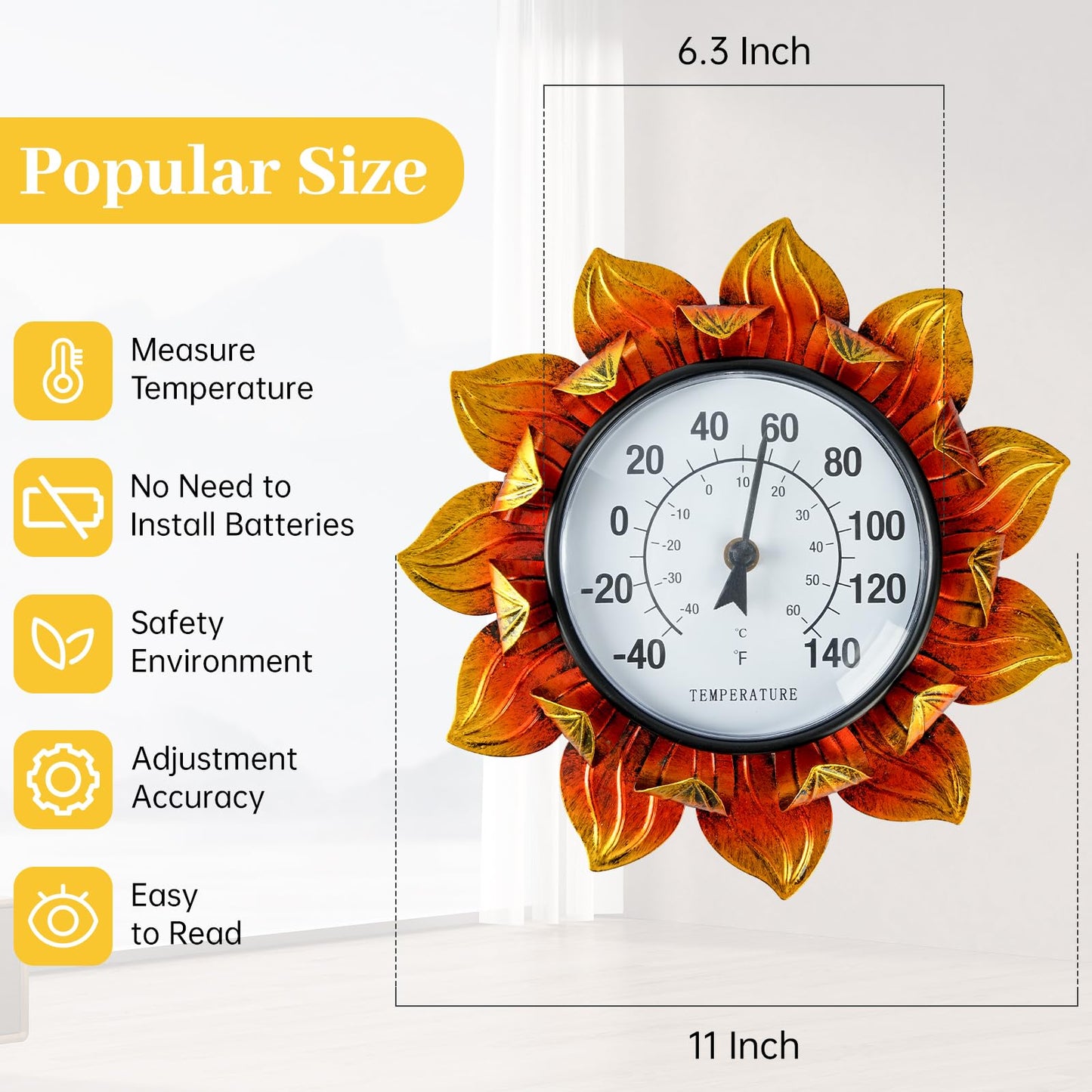 Jusimux Sunflower Wall-Mounted Outdoor Thermometers, 11 Inch Indoor Outdoor Thermometer Decorative for Patio, Living Room,Wine Cellar, Garden Home Decor, No Batteries Required