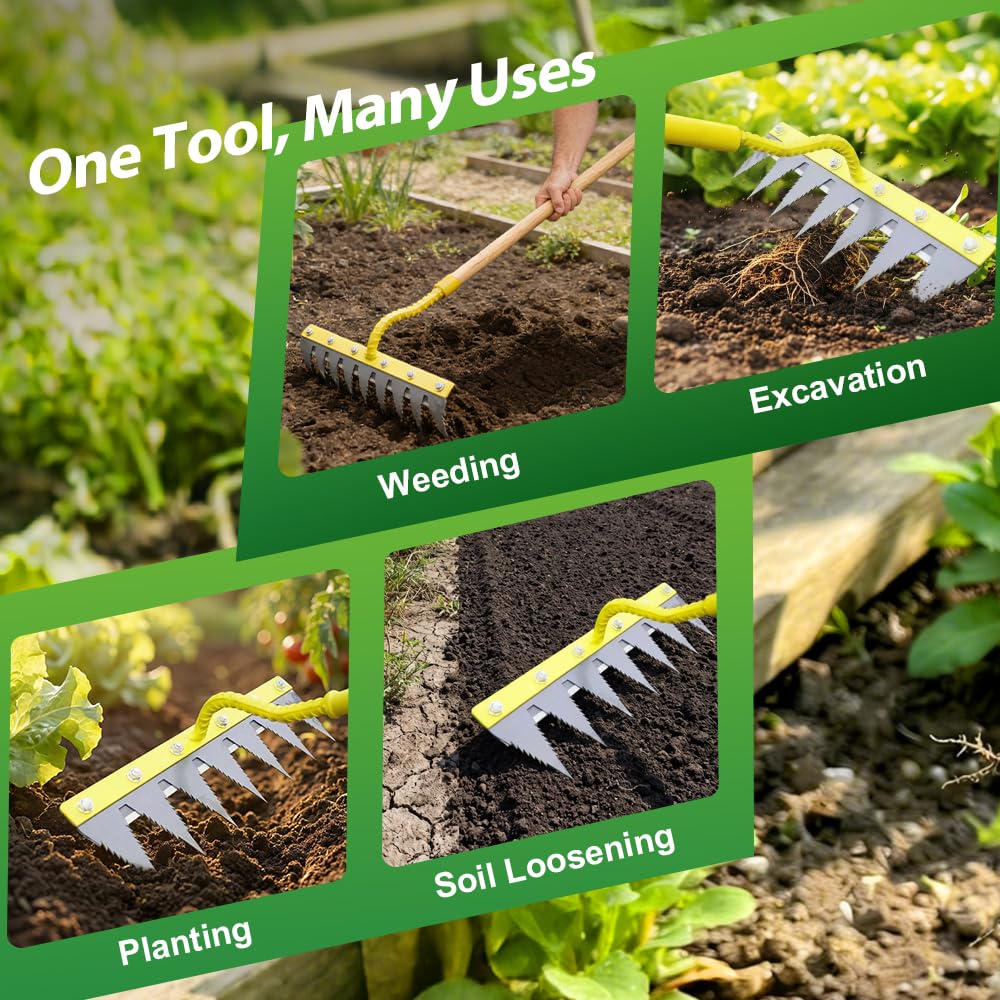 Iron Weeding Rake 2.0, Heavy Duty Garden Hand Weeder Rake, 4/5/6/7 Teeth Weeder Tool for Yard Lawn Garden, Manual Weed Puller Gardening Weeding Tool (4 Teeth)