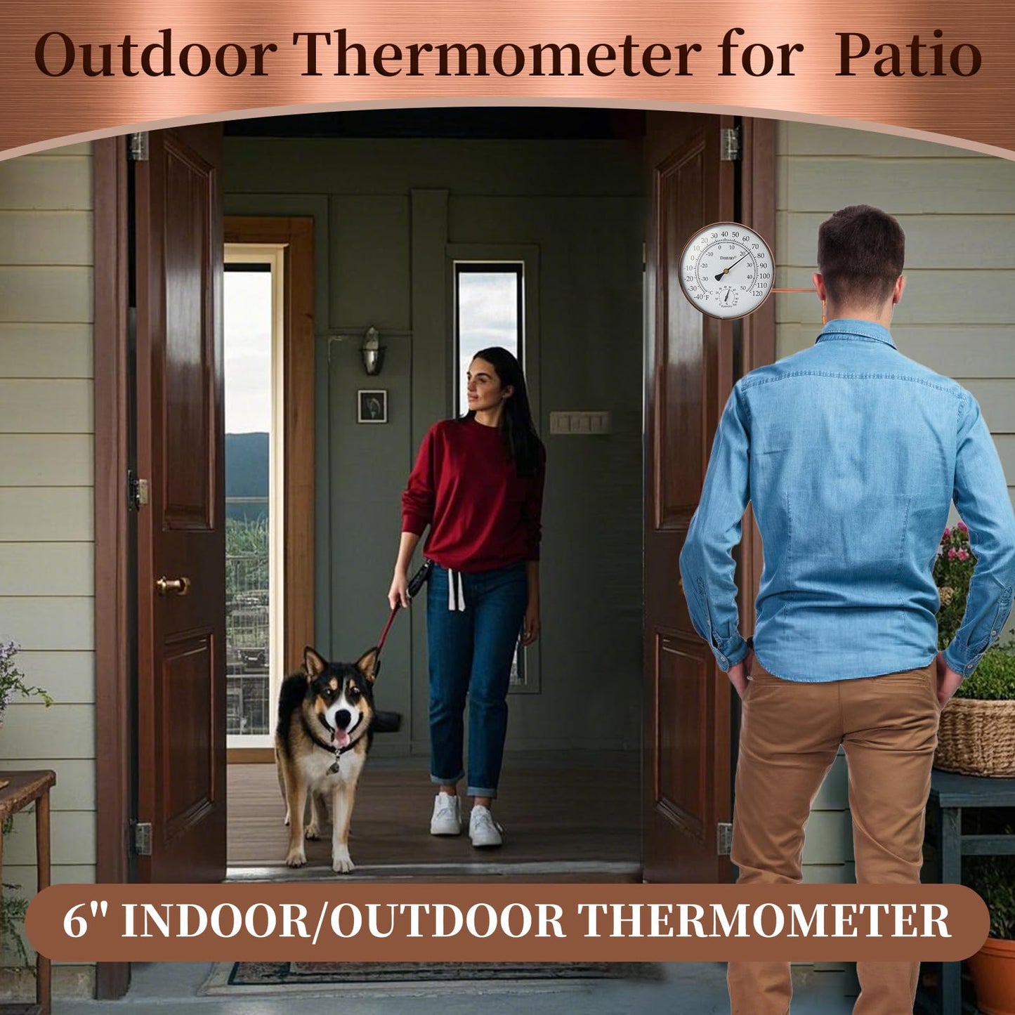 Dunuo 6" Outdoor Thermometer for Greenhouse, Garage and Patio. Weatherproof & Decorative Outside Temperature Gauge for Window, Antique Copper with Humidity (Easy-Read Brass Swivel Design)