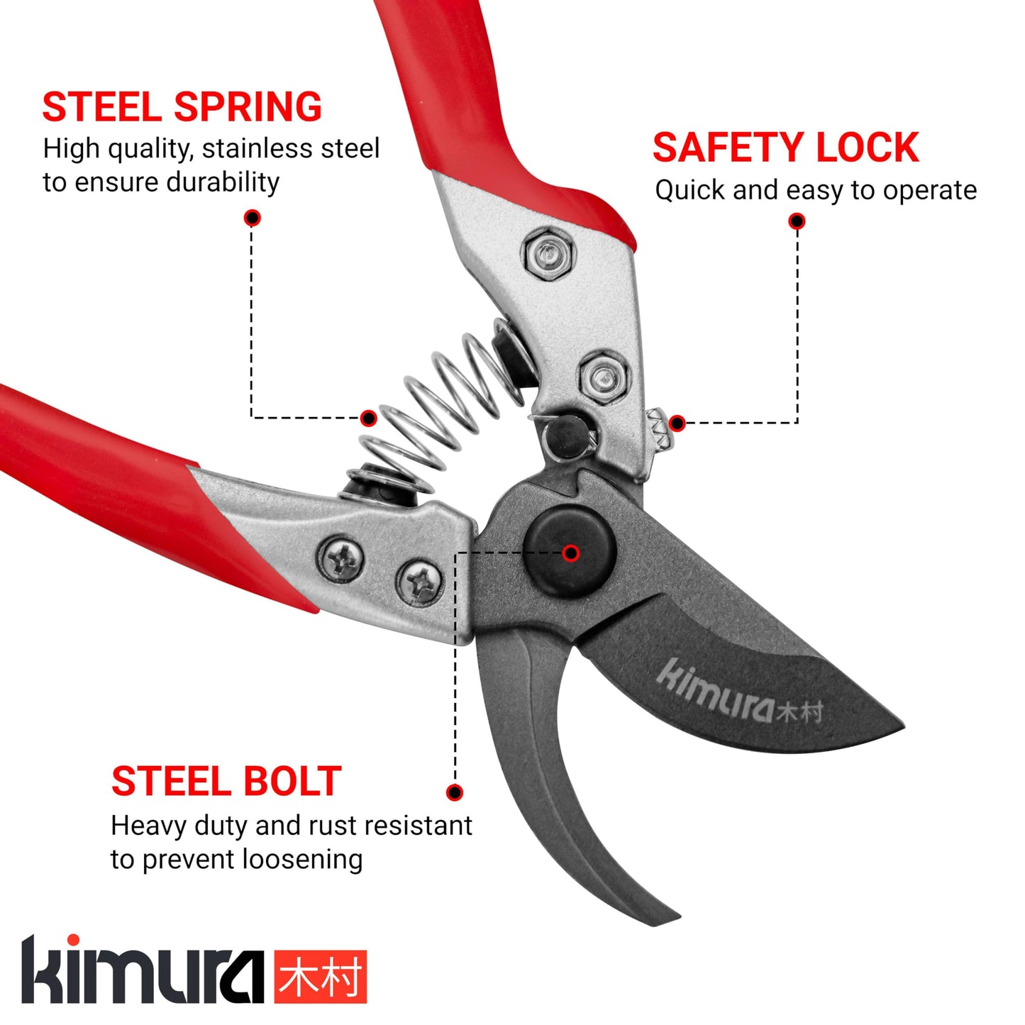 Kimura® 8" Pro Bypass Pruning Shears, Heavy Duty Japanese SK5 Steel Blades, 1 inch Cut Capacity, Non-Slip PVC Coated Handles, Lightweight & Ergonomic, Japanese Pruners, Professional Garden Clippers