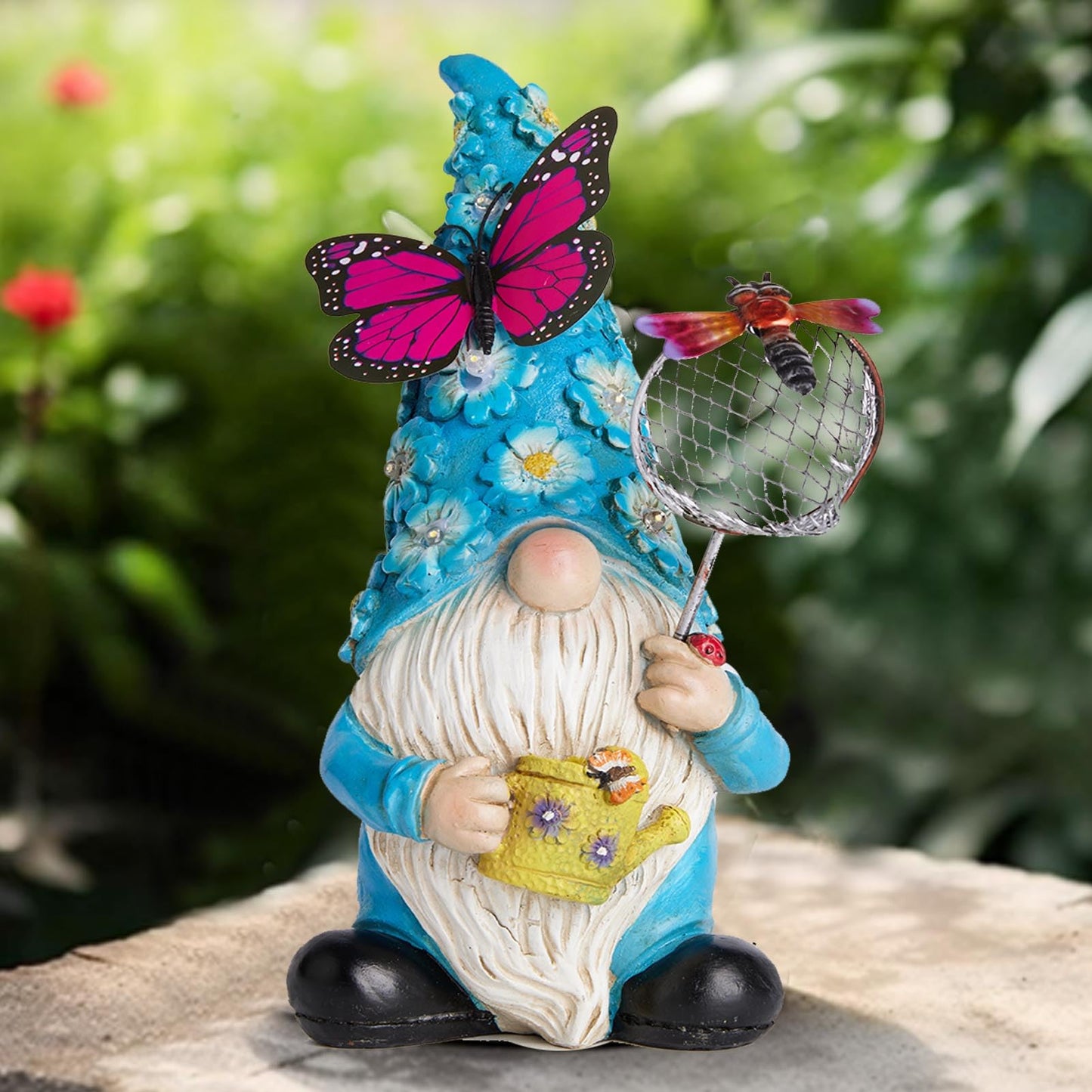 Foreby Garden Gnome Statues Outdoor Decor Solar Gnomes with Butterfly on LED Lighted Flowers, Resin Blue Gnomes Sculpture for Patio Yard Lawn Onament Decoration