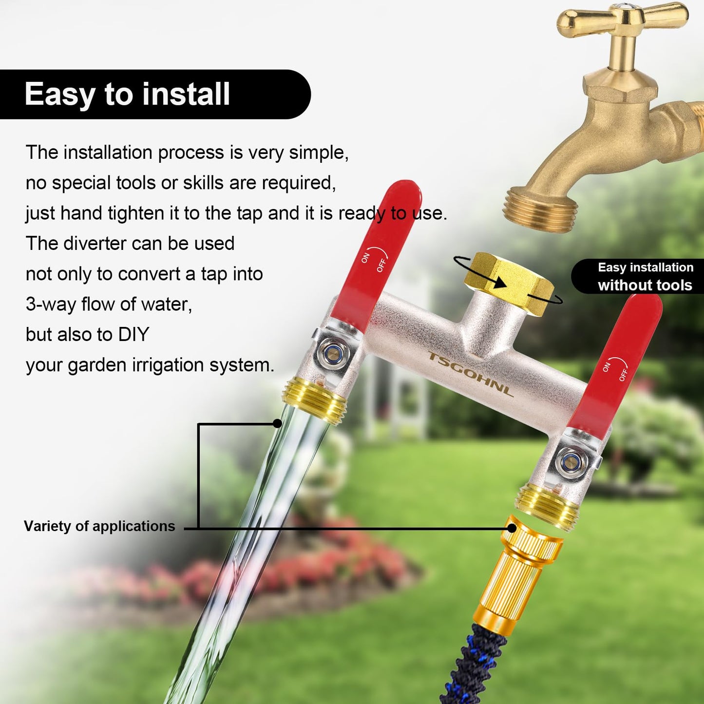 Yayamz Garden Hose Splitter, 3/4” Rust and Freeze Resistant Outdoor Hose Manifold with 2 Red Extra Long Handles Faucet Adapter-Heavy Duty Brass Nickel Plated 2-Way Valve