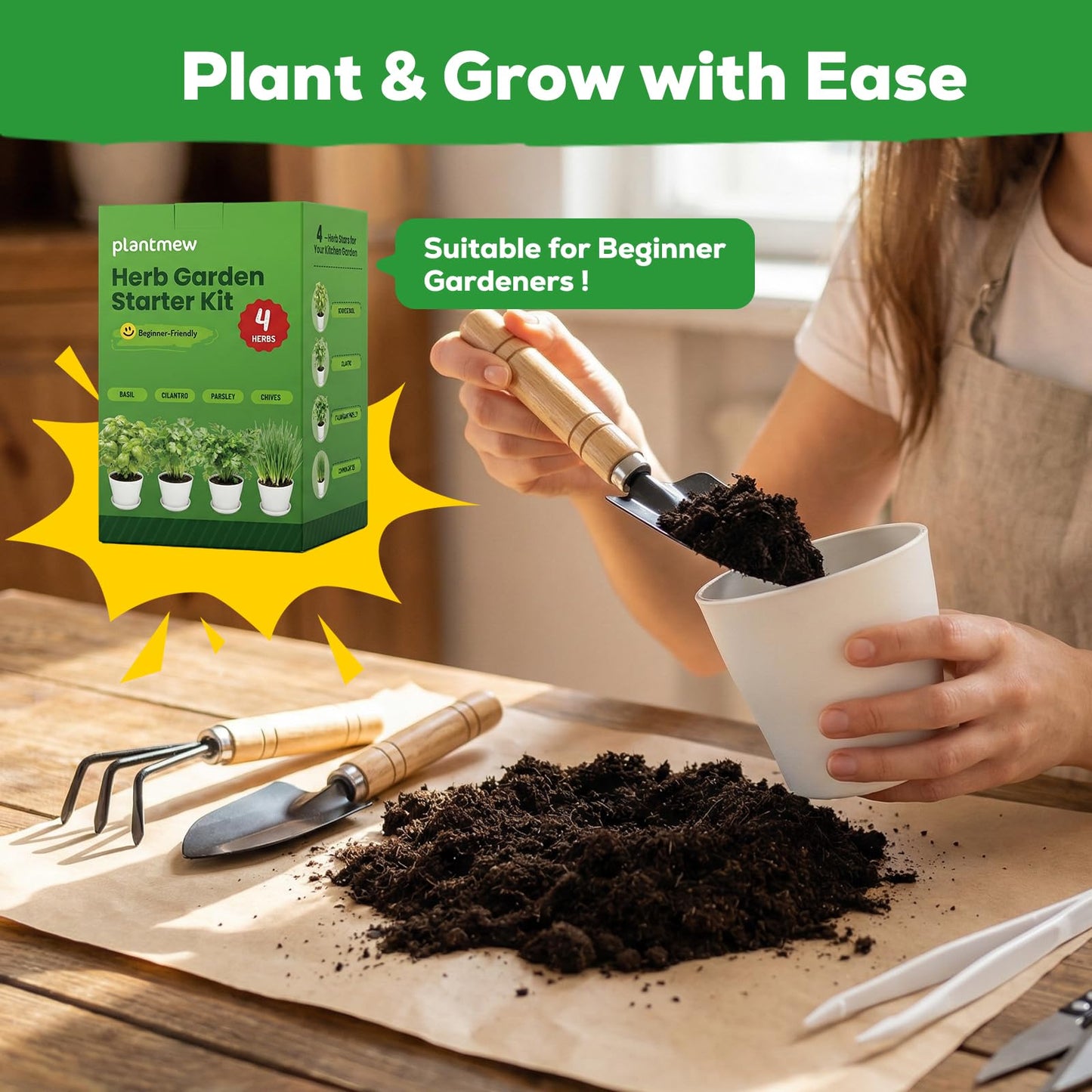 PLANTMEW Indoor Herb Garden Starter Kit - Mothers Day Gifts - 4 Non GMO, Heirloom Culinary Herb Seeds, Unique Gardening Gift for Women, Mom, Her, Birthday, Housewarming, Plant Lovers