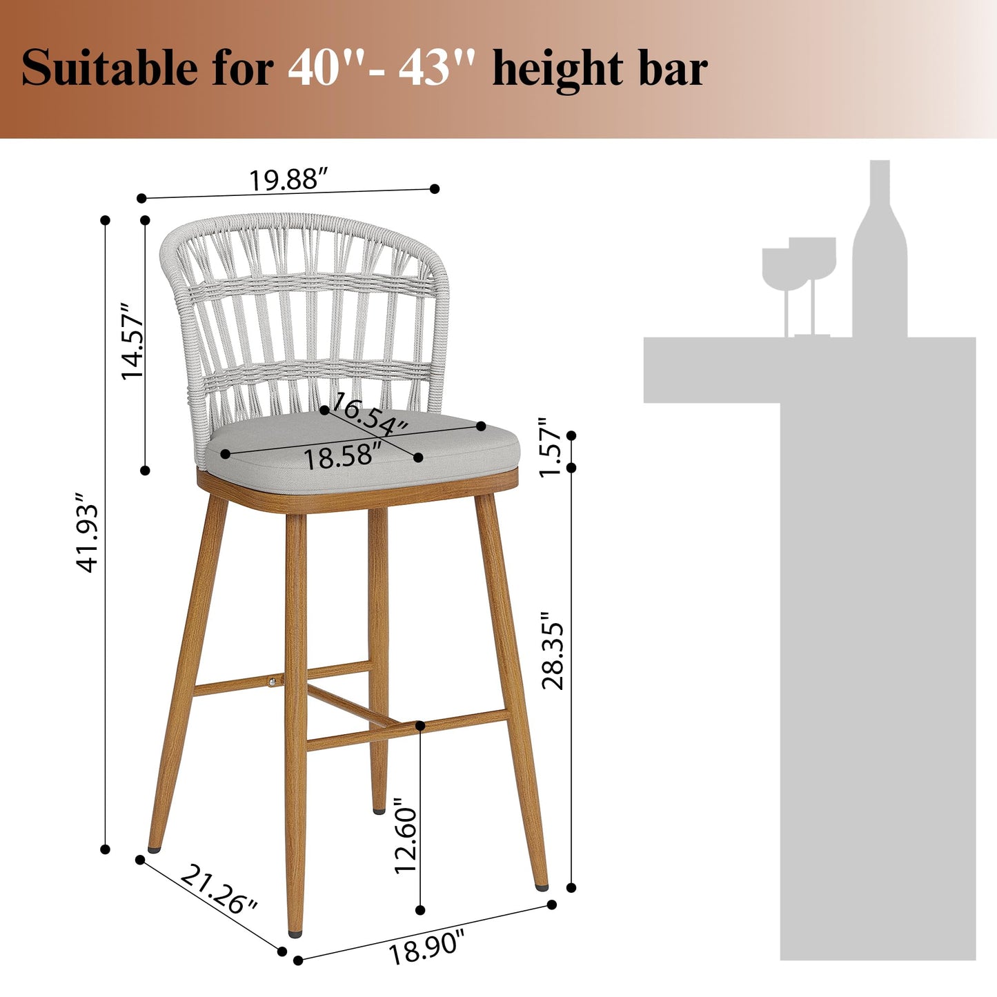 Garden Story Outdoor Bar Stools Set of 2, 29 inch Handwoven Rattan Bar Stools with Back and Footrest, Wood-Grain Metal Wicker Patio Bar Chairs for Porch Balcony Backyard Poolside