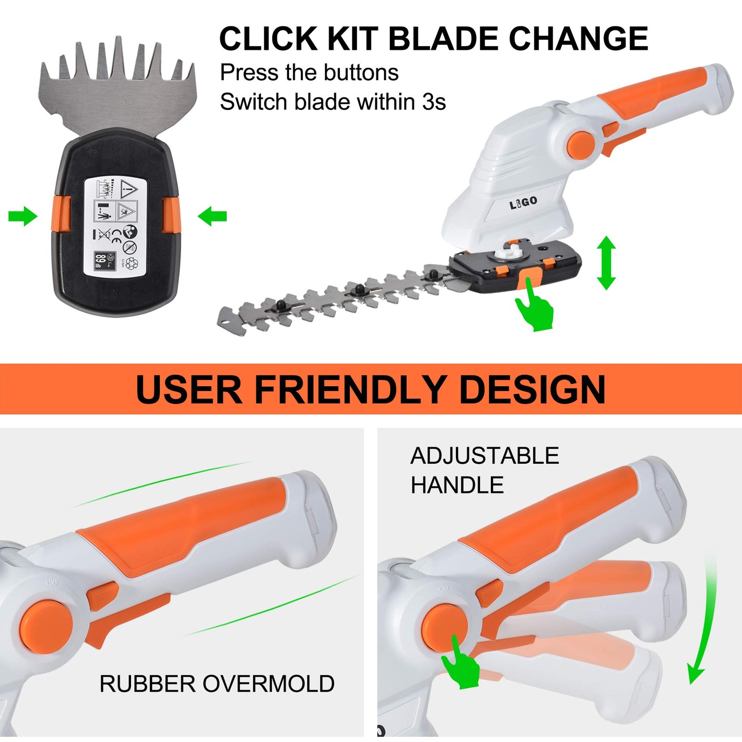 LIGO 2-in-1 Cordless Grass Shear and Shrub Trimmer, 7.2V Lightweight Handheld Lawn Edger & Hedge Clipper with Rechargeable Battery for Garden, Yard, and Bush Trimming
