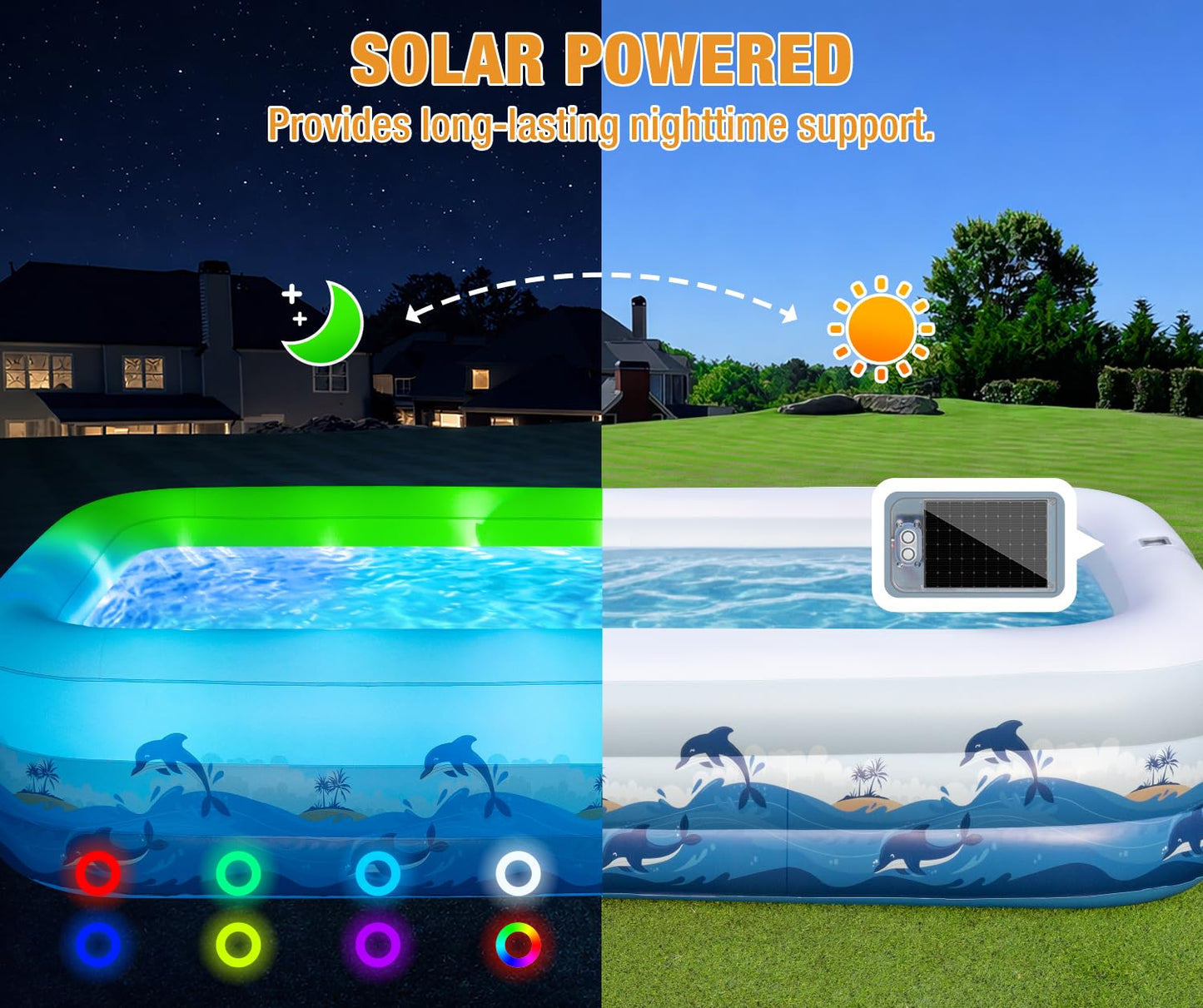 Extra Large Inflatable Pool with Lights - 145" x 74" x 22" Swimming Pool for Adults with Solar Powered, Blow Up Pool for Backyard (Air Pump Not Included)