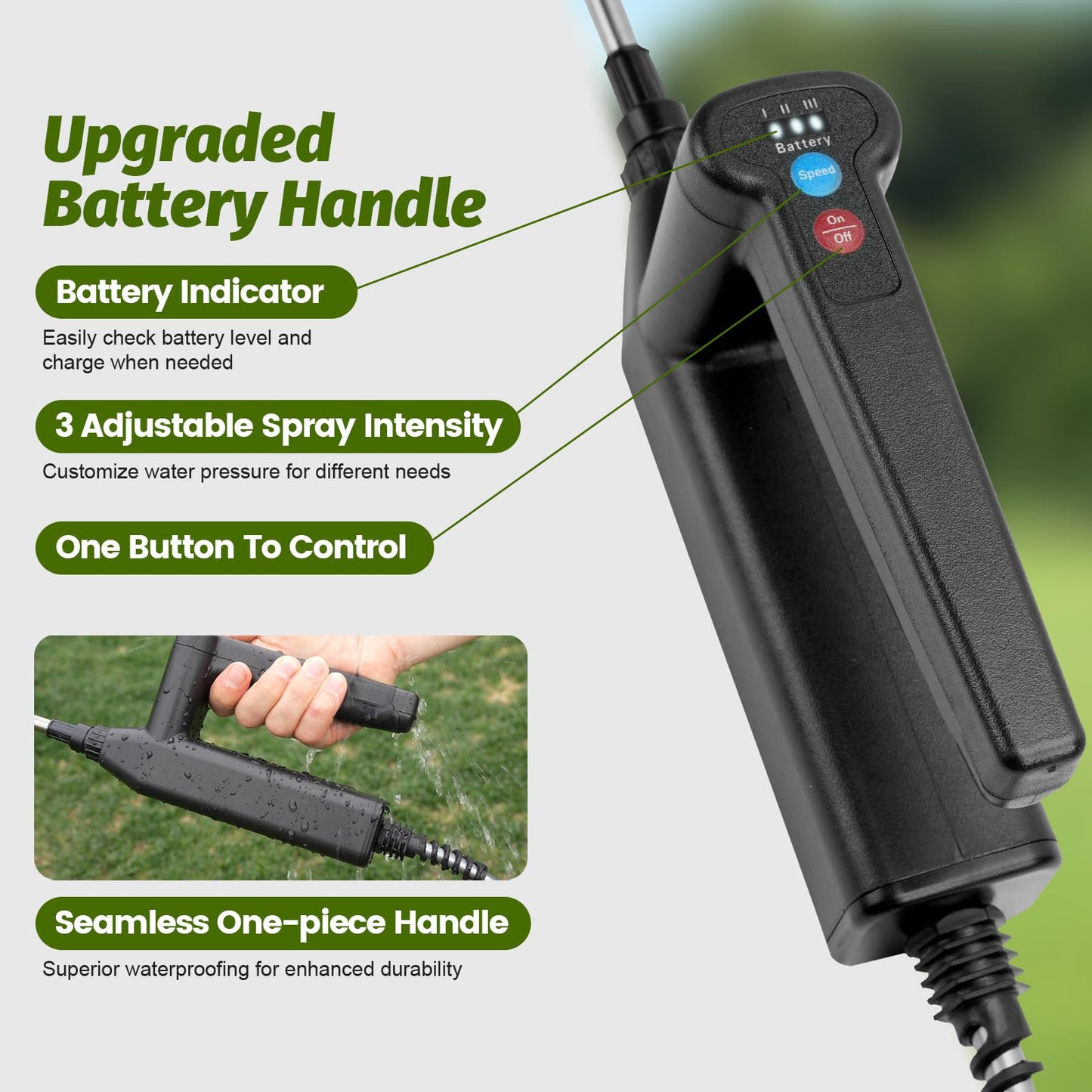 Sylsmart Battery Powered Sprayer Wand with 32.8FT Extended Hose, Electric Garden Sprayer with 3 Speeds & Battery Indicator, 4 Nozzles, 7.4V Portable Weed Sprayer for Lawn Care, Fertilizing, Watering