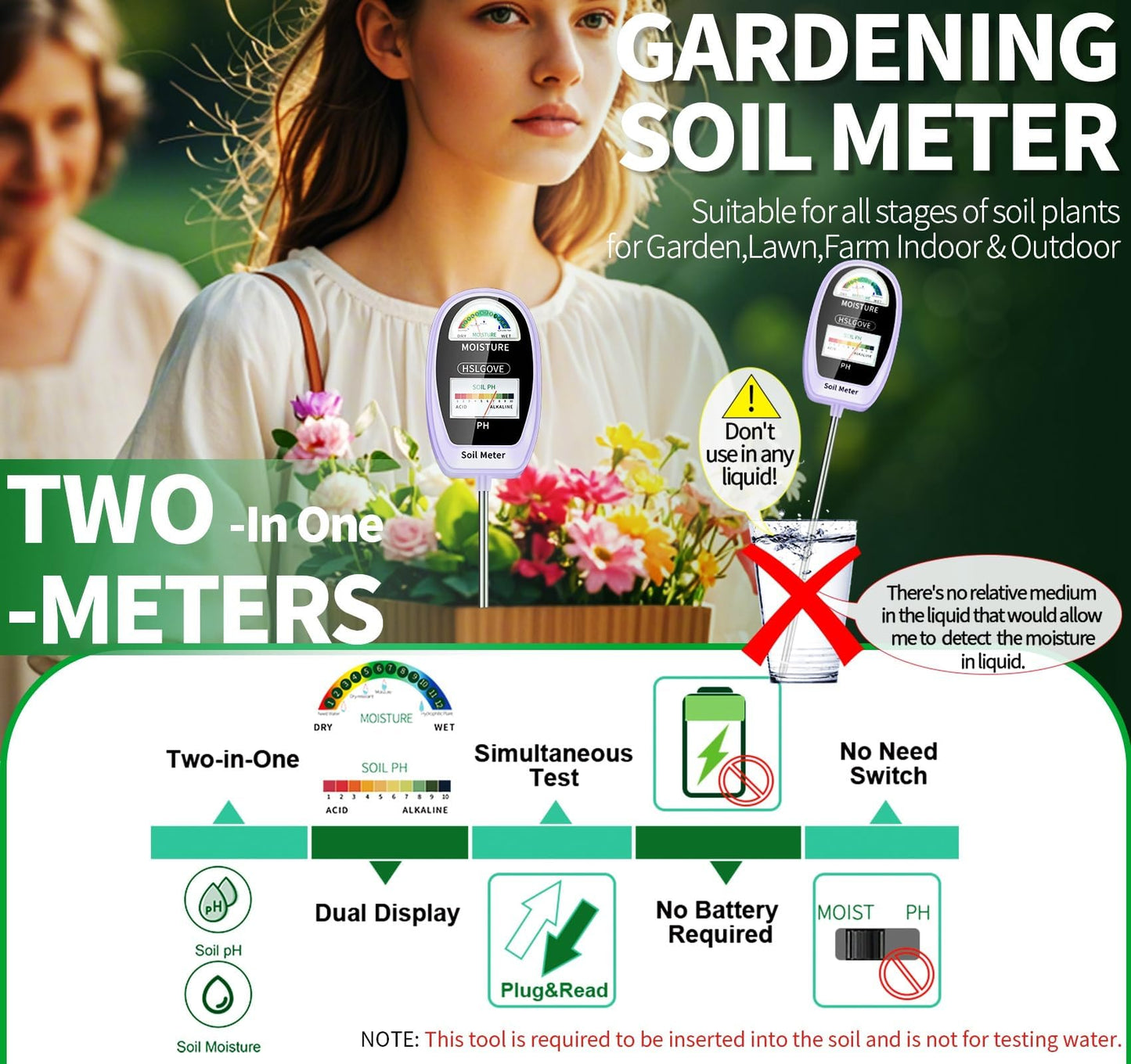 HSLGOVE Soil Test Kit, 2-in-1 Soil Moisture Meter/Soil PH Meter, Dual Screen Soil Tester, Soil Moisture Meter for Plants Watering/Gardening for Lawn,Farm Indoor&Outdoor Use-Purple