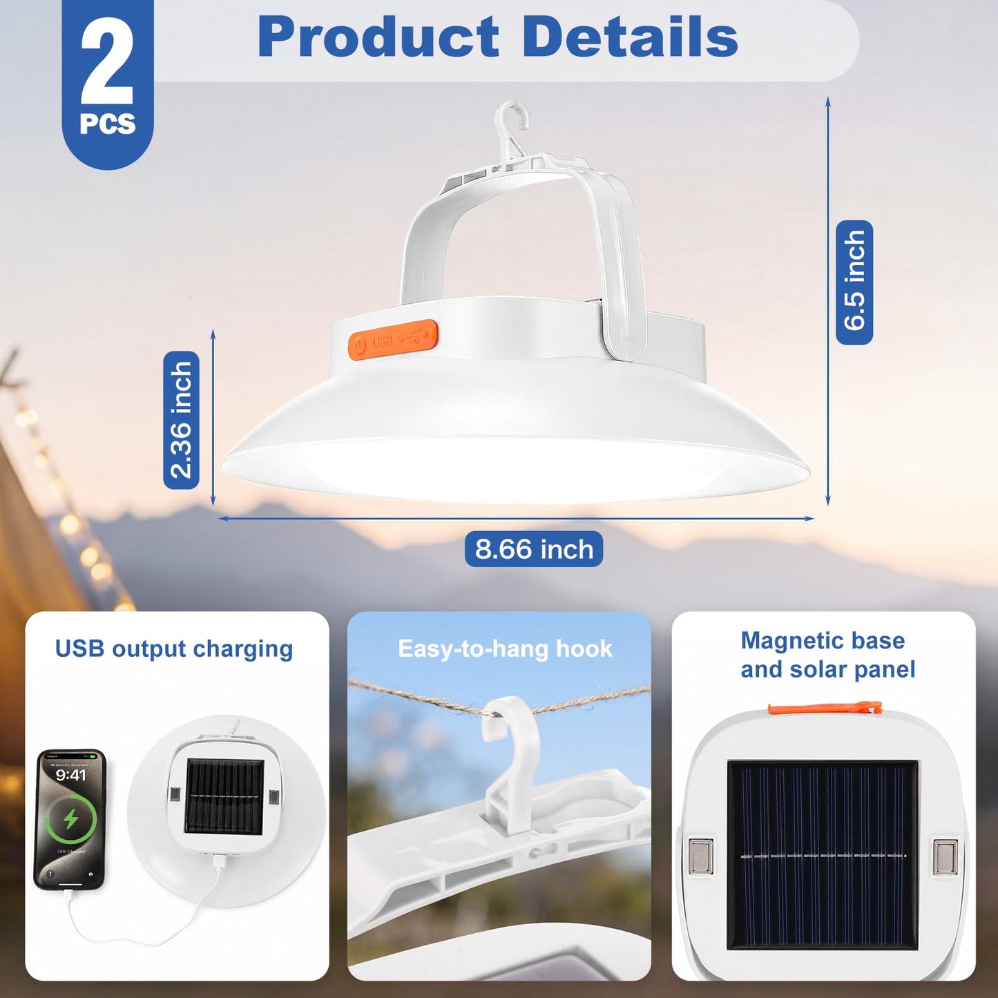 Grinsvalley 2Pcs 1700LM USB Rechargeable Hanging Tent Lighting with Magnetic Hanging Waterproof Solar Portable LED Camping Lantern 3 Lighting Modes for Canopy Hurricane Emergency Power Outages (White)