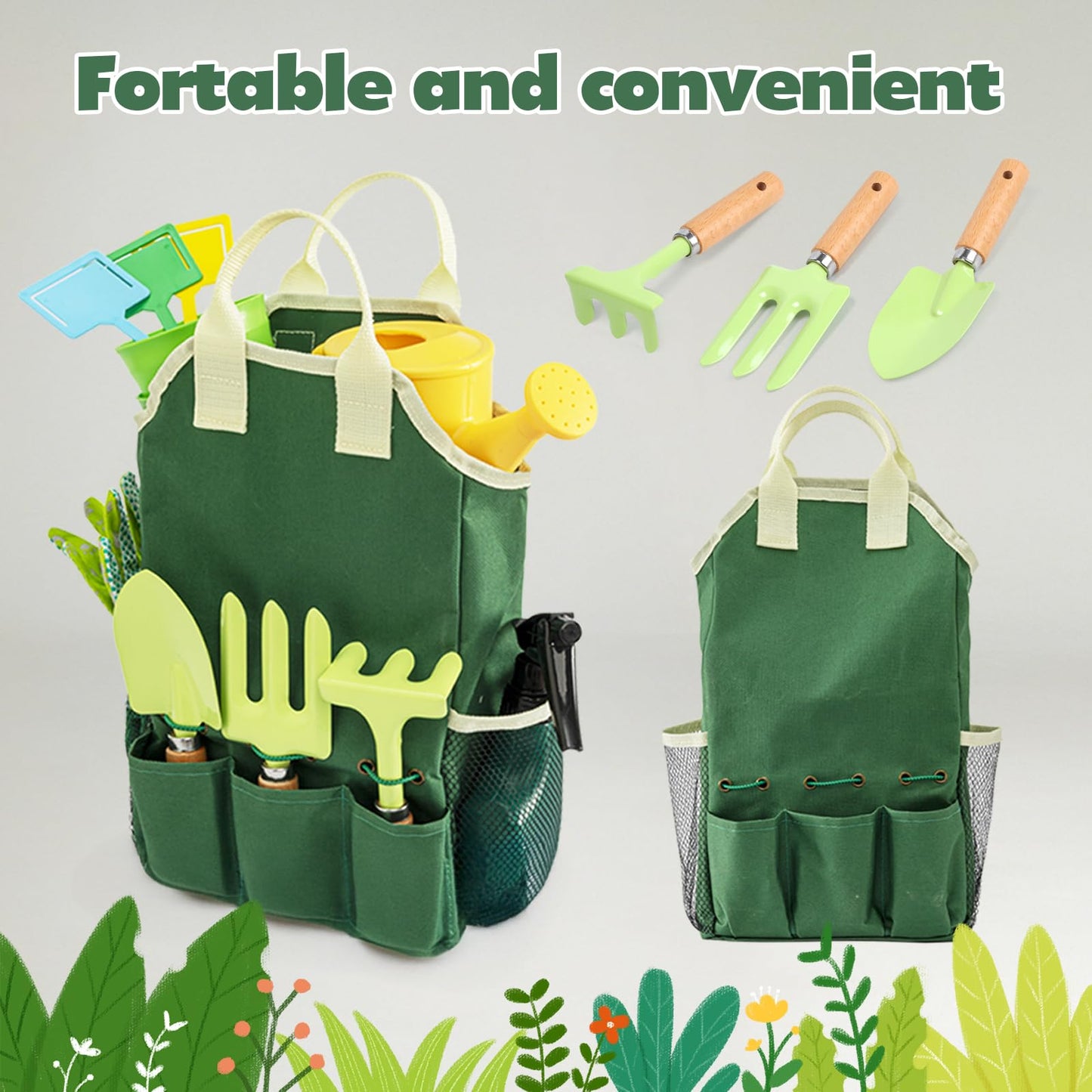 JOI MEW Kids Gardening Tools Set, Garden Toys w/Wooden Handle Alloy Rake,Fork,Trowel, Watering Can,Gloves,Tote Bag,Plant pots, DIY Bookmark Kits, Spring Summer Toy Outdoor Gift for Toddler Boy Girl