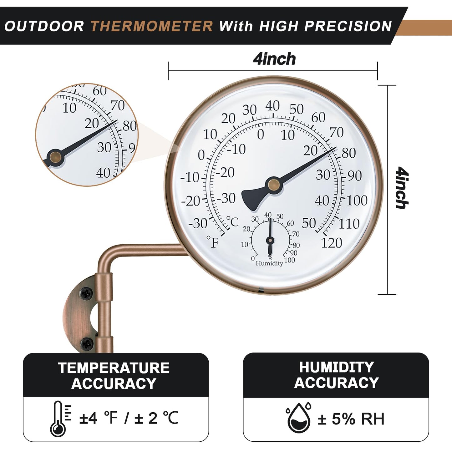 4 Inch Brass Outdoor Thermometer, Outside Decorative Thermometer for Patio, Window, Greenhouse, Garage, Brass Swivel Temperature Gauge with Humidity, Analog Temperature Gauge