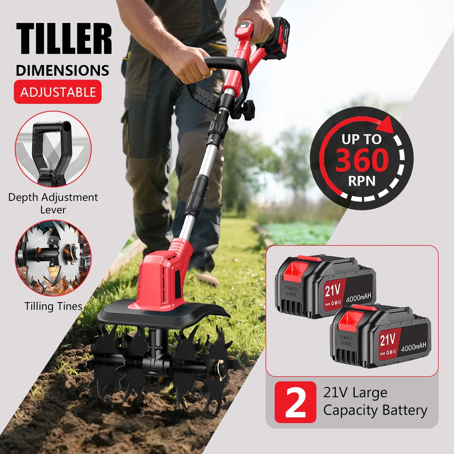 21V Electric Cordless Tiller Cultivator, 360RPM Garden Tiller with 2 x 4.0Ah Batteries Charger, 12In Tilling Width & 8In Depth Garden Rototiller for Lawn, Gardening, Soil Cultivation (RED-1)
