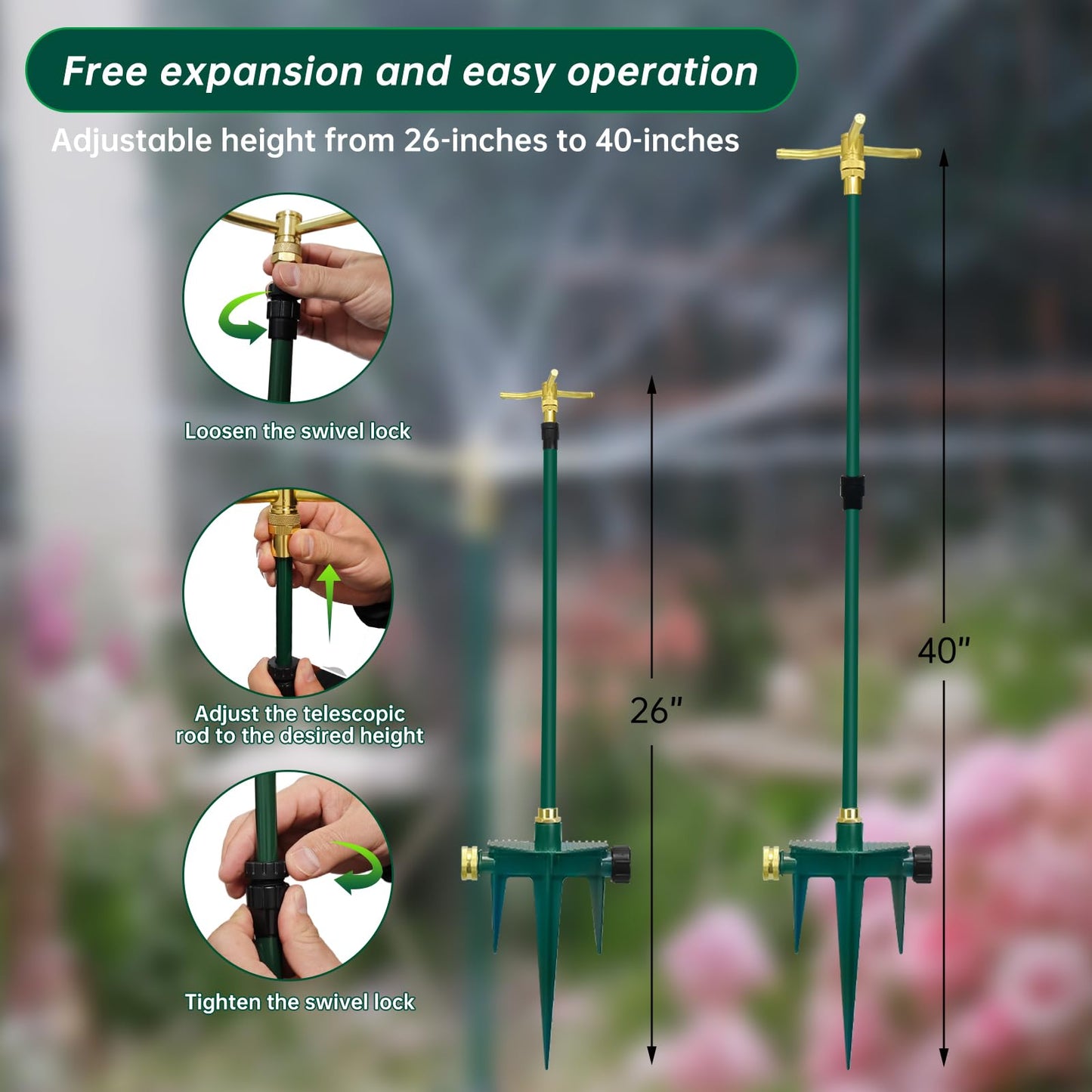 3-Arm 360° Rotating Garden Sprinkler, 2 Pack Telescoping Sprinkler with Spike, Brass Garden Lawn Water Sprinkler for Large Area up to 40 Inches