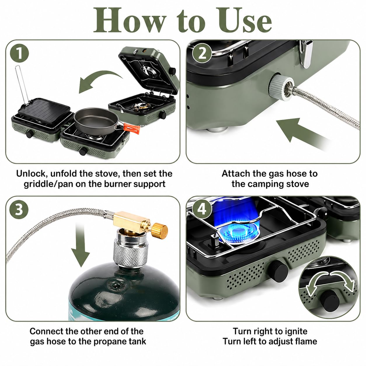 Hisencn Camping Stove,2 Burner Propane Camping Stove with Windscreen,30,000 BTU Portable Propane Stove with Carry Bag,Outdoor Cooking Stove set for Camping Gear,RV Essentials,Camp Gifts for Man,Green