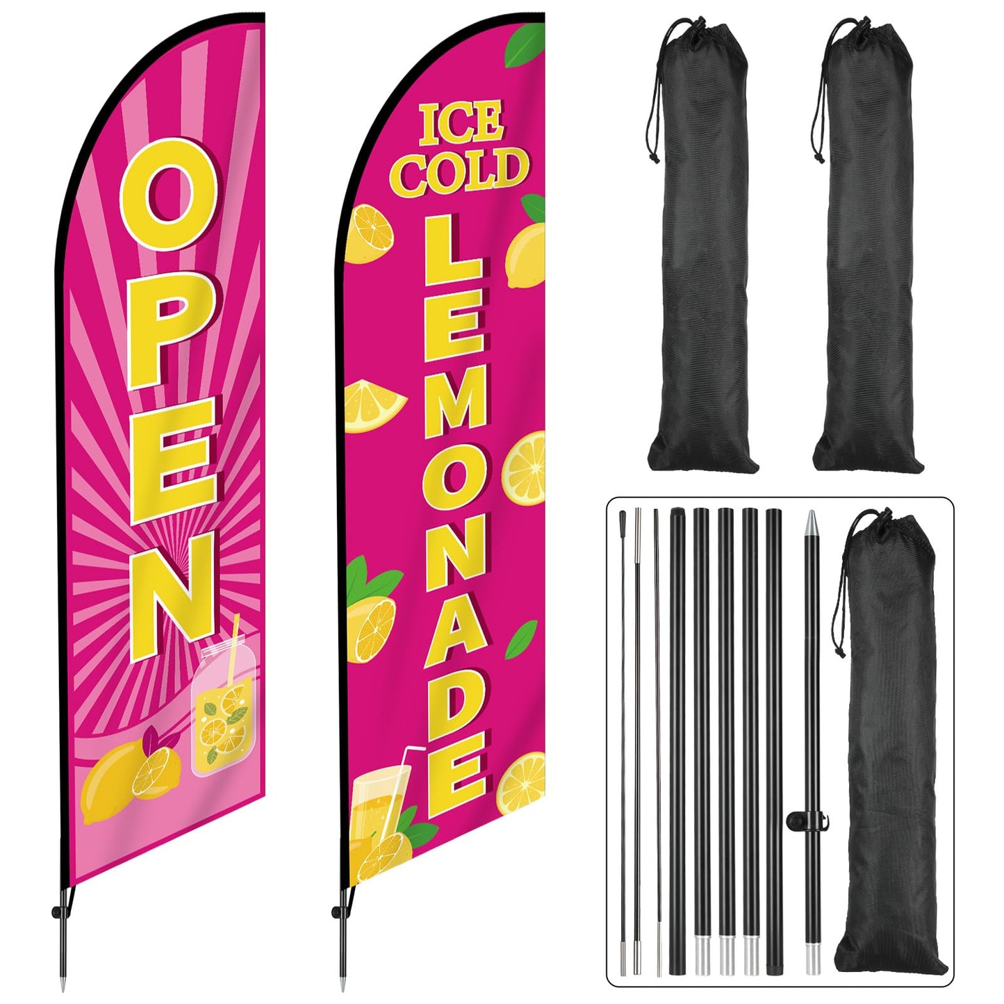 2 Sets Lemonade Feather Flag for Business Advertising 11 FT Summer Lemonade Swooper Flag Sign with Pole Ground Stake Portable Bag Windless Welcome Open Banner for Outside Garden Business Store (Pink)