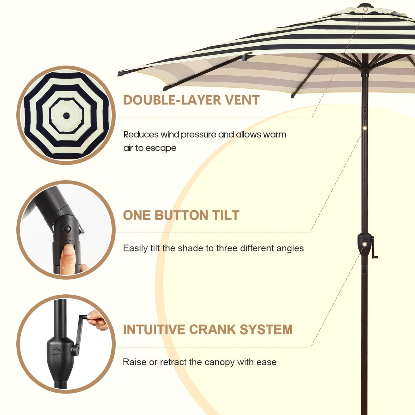 Abba Patio 9FT Lyon Outdoor Patio Umbrella Outdoor Table Umbrella with Push Button Tilt and Crank Market Umbrella 8 Sturdy Ribs UV Protection Waterproof for Garden Deck Backyard Pool, Black & Ivory