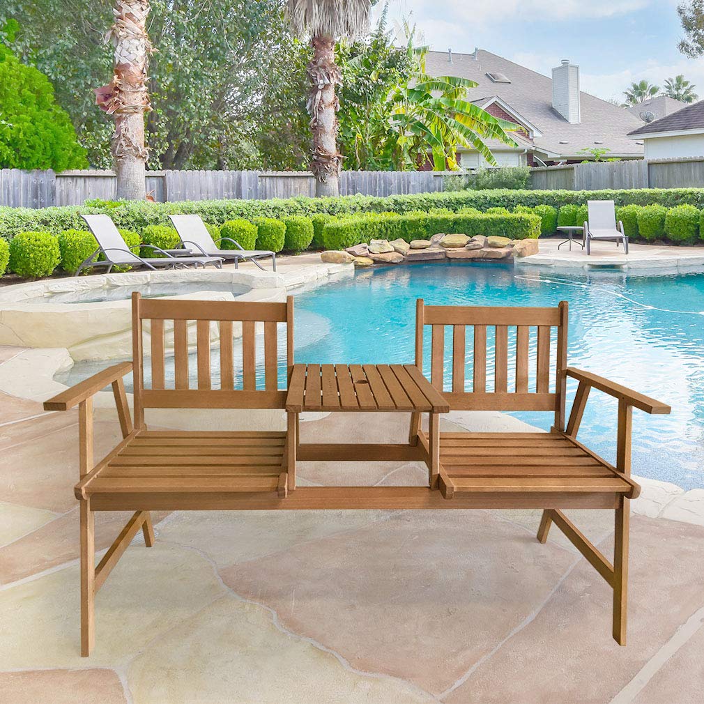 FDW Outdoor Patio Bench Wood Garden Bench Park Bench Acacia Wood with Table for Pool Beach Backyard Balcony Porch Deck Garden Wooden Furniture