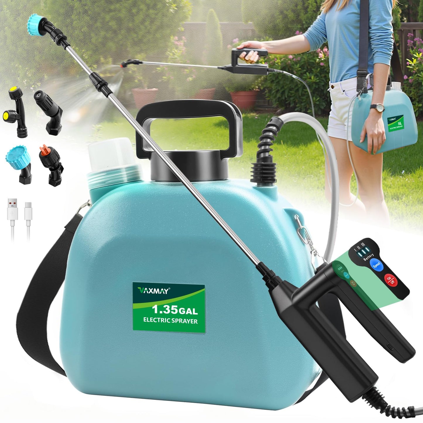 Battery Powered Sprayer 1.35 Gallon, 2026 Electric Garden Sprayer with 3 Adjustable Speeds, 4 Mist Nozzles, Rechargeable Handle, Retractable Wand with Adjustable Shoulder Strap for Weed Lawn(Blue)