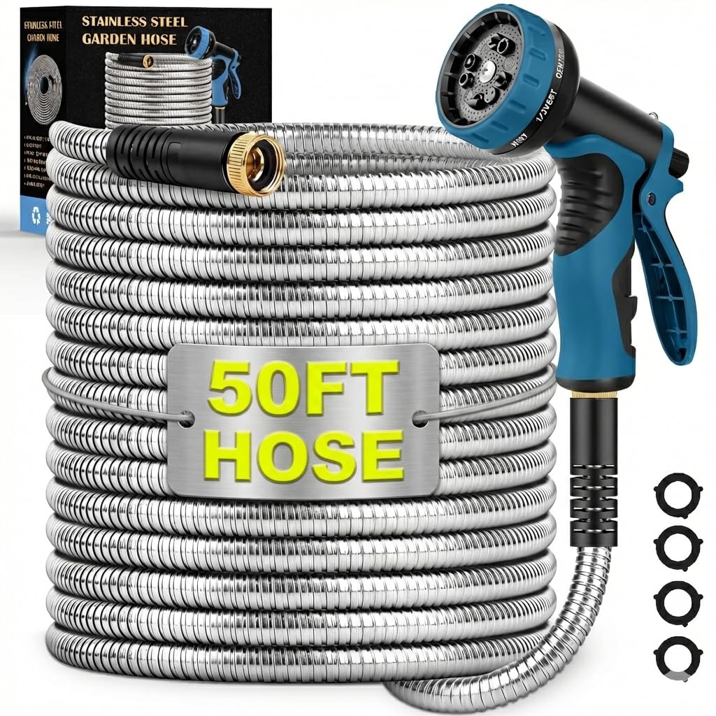 Garden Hose 50FT, Water Hose with 10 Function Nozzle, Garden Hose Metal with Leak-proof Connectors, No-Kink, Lightweight, Puncture-proof, Pet-proof, Sturdy, Hose for Outdoor, Yard