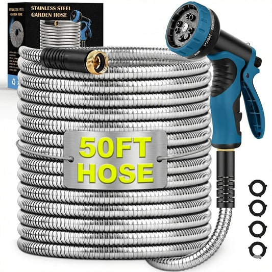Garden Hose 50FT, Water Hose with 10 Function Nozzle, Garden Hose Metal with Leak-proof Connectors, No-Kink, Lightweight, Puncture-proof, Pet-proof, Sturdy, Hose for Outdoor, Yard