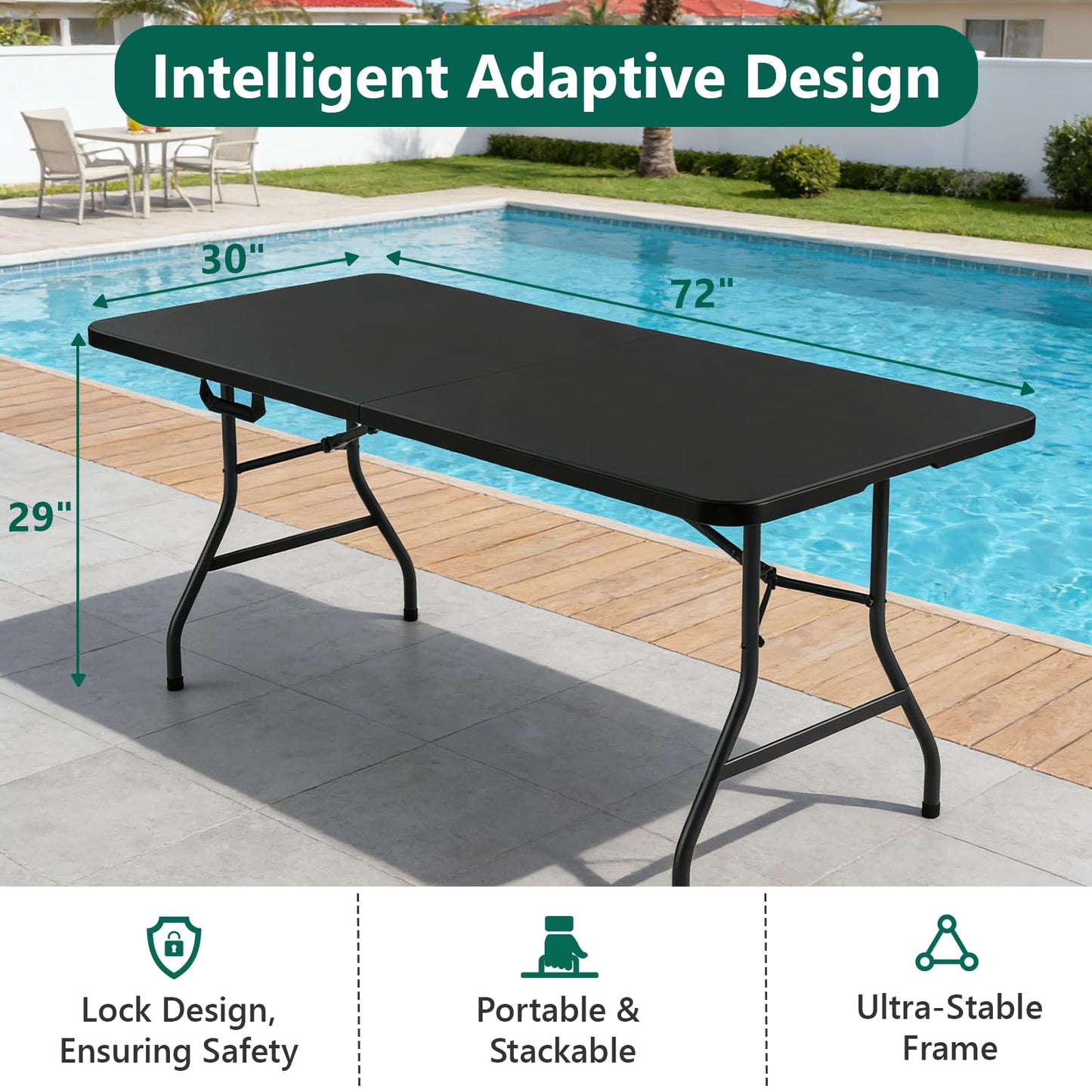 MAKE CHANGES 6FT Folding Table, Heavy Duty Plastic Fold-in-Half Utility Table with Handle, Portable Camping Picnic Table with Steel Legs for Indoor Outdoor Party, Dining, Black,2 Pack