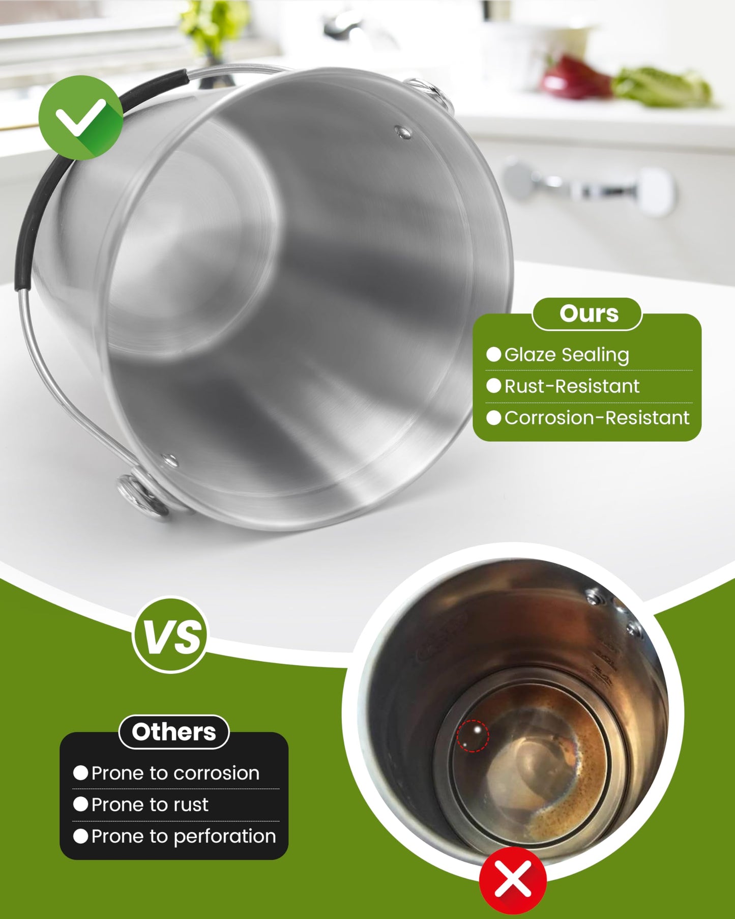 LRYYBTI Countertop Compost Bin Kitchen with Lid and 2 Charcoal Filter for Odorless Composting | Stainless Steel Kitchen Composter with Soft-Grip Handle (Silver, 1.3 Gallon)
