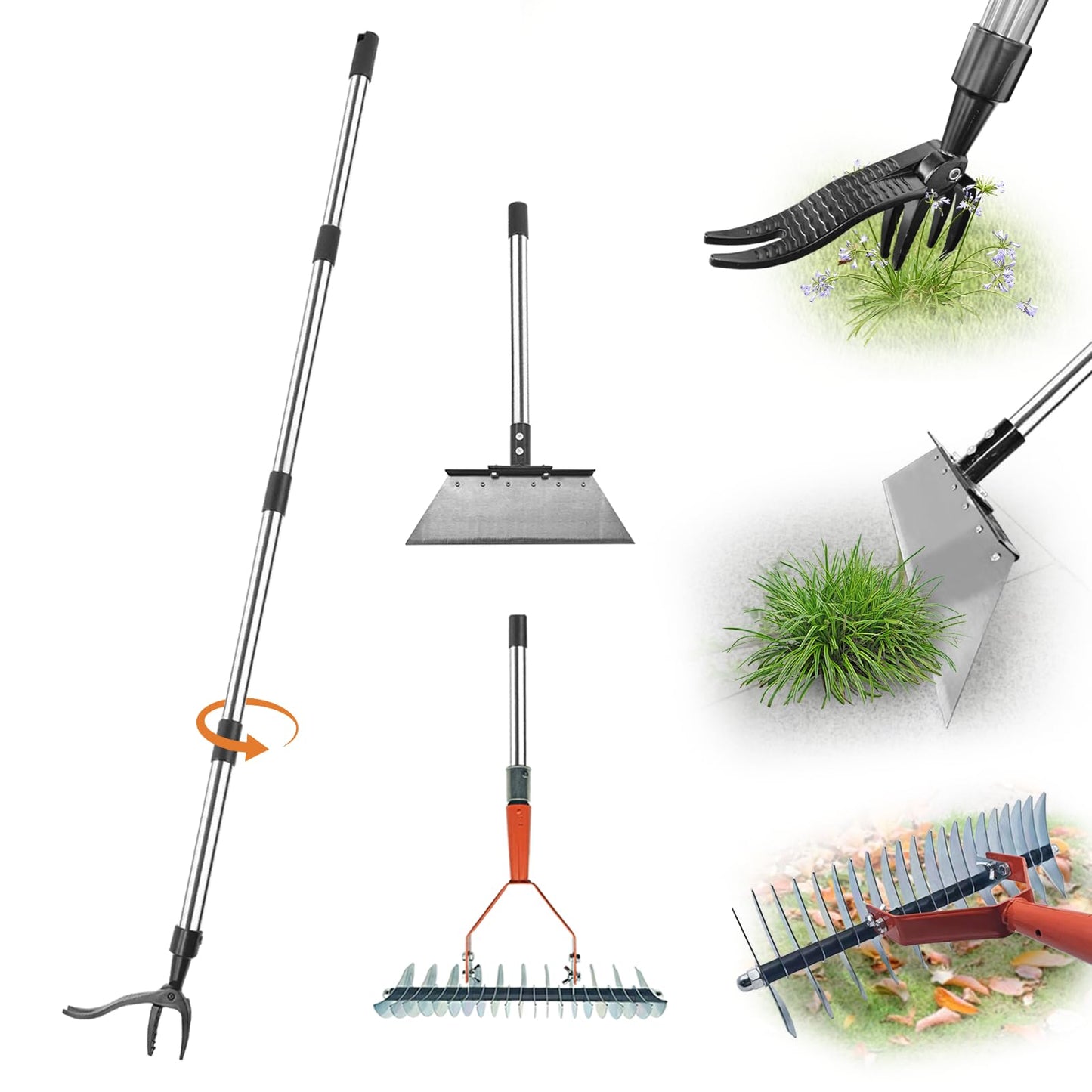 Garden Weed pullerToo,Heavy Duty 12" Multi Flat ShovelScraper, 14" Steel Thatch Rake with Adjustable Long Handle forLeaf & Moss& Edging & Ice & Snow Removal in Lawn, DrivewaysPatios, Cracks