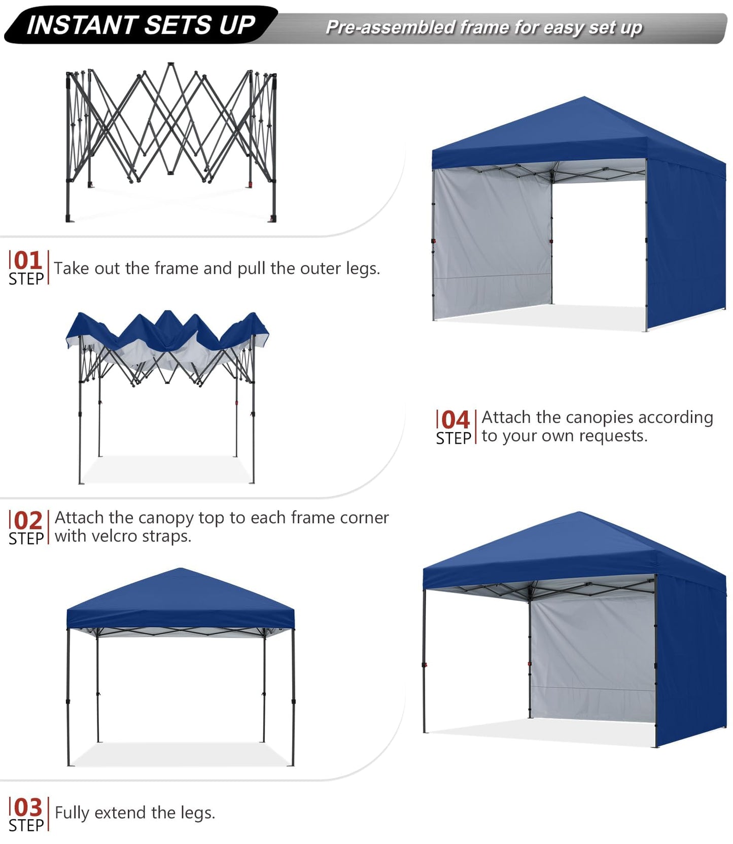 ABCCANOPY Easy Pop up Canopy Tent with 2 Sidewalls for Outdoor Sun Blocking or Rain Protection,10x10, Navy Blue