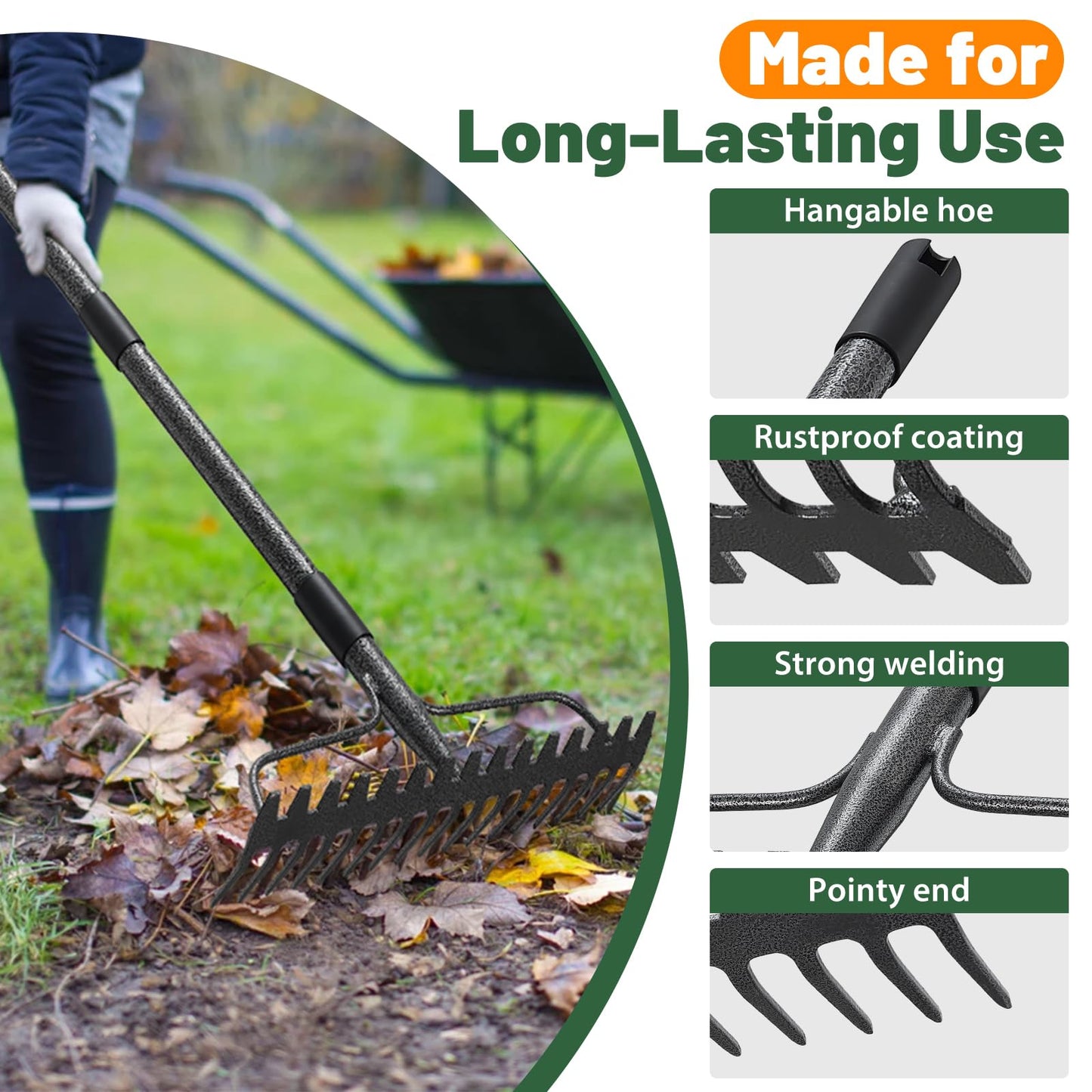 Garden Rake, 63 Inch Long Handle with 17 Tongs, Heavy Duty Metal Bow Rake for Loosening Leveling Soil, Garden Leaf Rake for Raking Leaves Grass , Weeding, Metal Yard Thatch Lawn Care Garden Tool