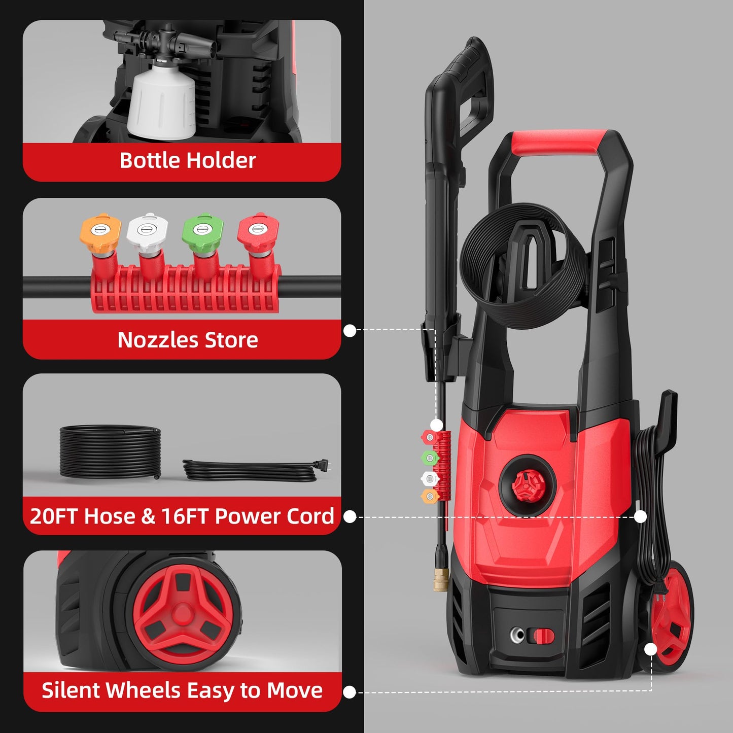 Paporia Electric Pressure Washer, 2.5 Max GPM Electric Power Washer with Foam Cannon, Powerwasher with 4 Nozzles, High Pressure Washer for Cars, Driveways, Patios, Decks