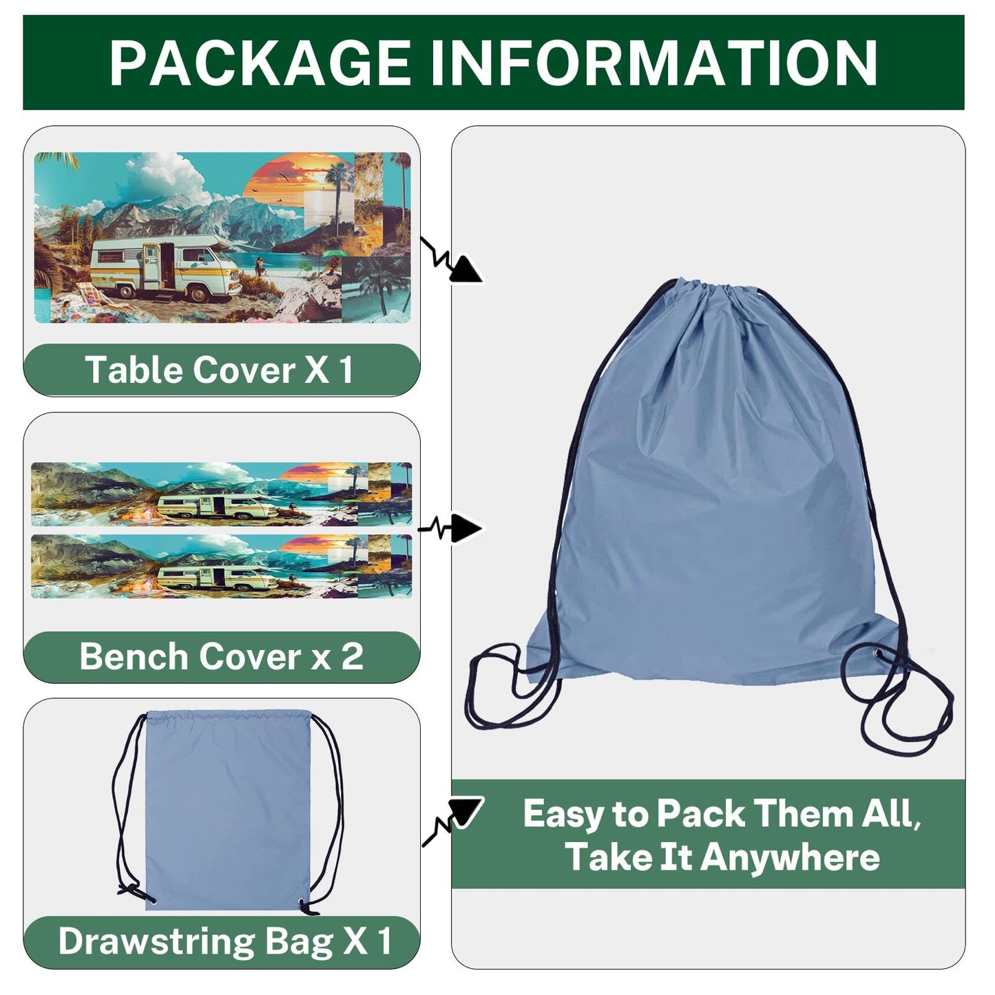 Britown 3 Piece Fitted Picnic Table Cover with Bench Covers, 72"x30" Full Elastic Edge Camping Tablecloth, Waterproof Wipeable RV Outdoor Patio Park Camping Essentials with Drawstring Bag (Travel)