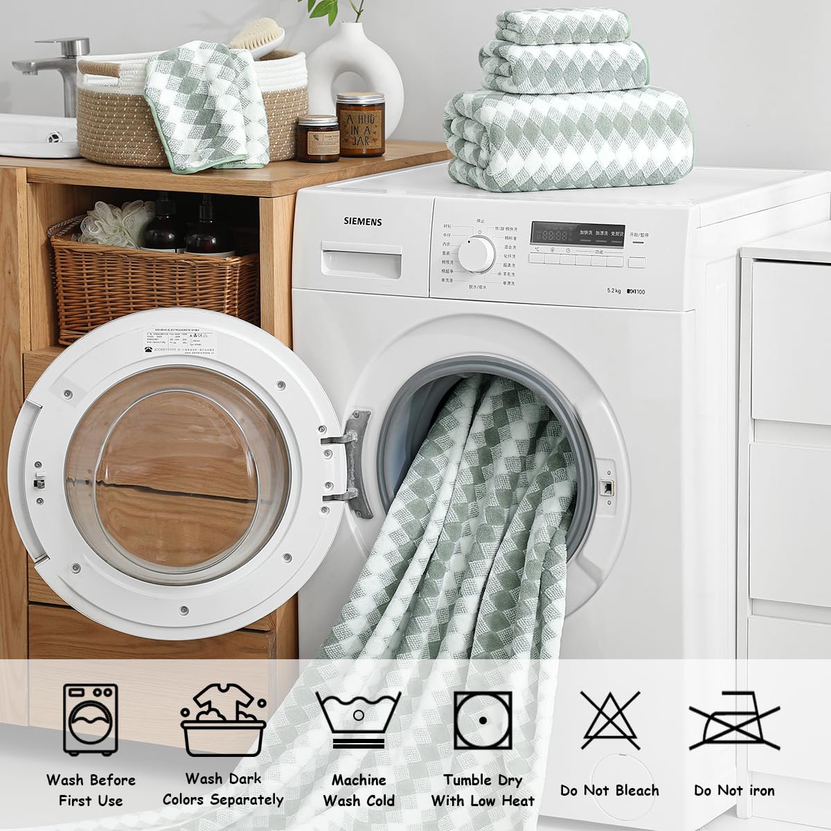 12 Pcs Green White Diamond Towel Set-4 Bath Towels,4 Hand Towels,4 Washcloths Soft Polyester Towels with Loop Absorbent Shower Towel Quick Dry Beach Chair Towel Family Towels for Bathroom Spa Gym Pool