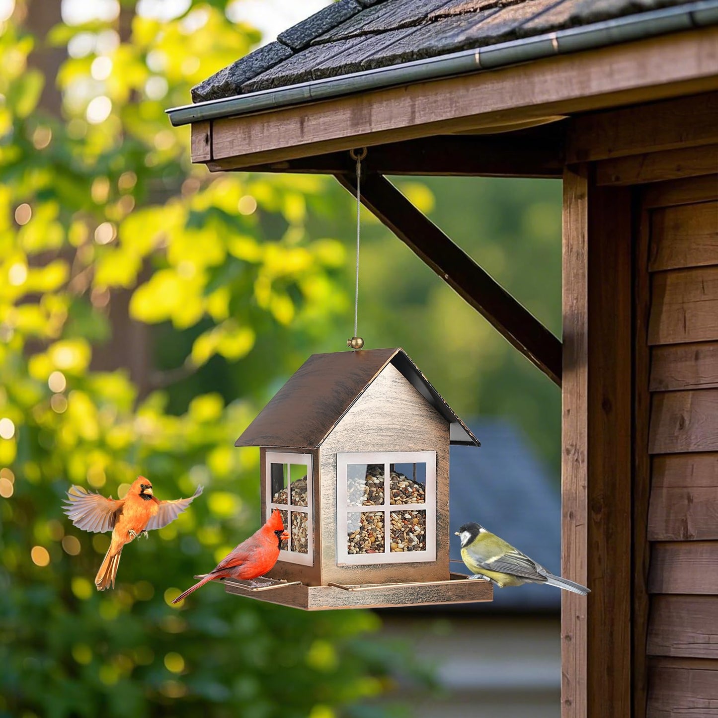 IWNTWY Bird Feeders, Heavy Duty Metal Bird Feeder for Outdoors Hanging, Weatherproof Large Capacity Wild Birdfeeder for Outside Garden Yard, Country House Shape