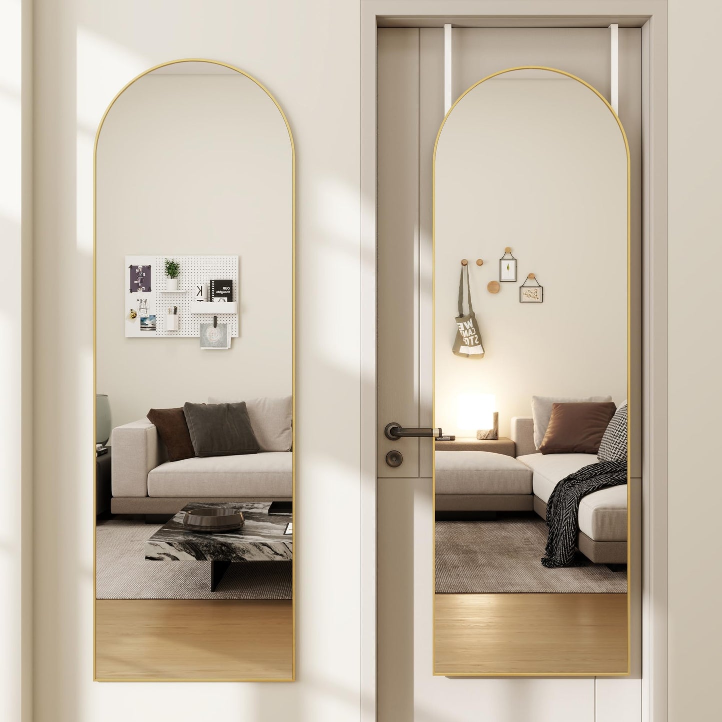 JAWGLOW Arched Full Length Door Mirror 14x48, Metal Frame with Protective Film, No-Drilling Hanging or Wall Mount, Hooks & Hardware Included, Full Body Mirror for Bedroom, Dorm, Gold