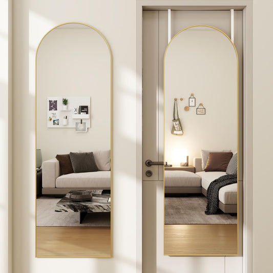 JAWGLOW Arched Full Length Door Mirror 14x48, Metal Frame with Protective Film, No-Drilling Hanging or Wall Mount, Hooks & Hardware Included, Full Body Mirror for Bedroom, Dorm, Gold