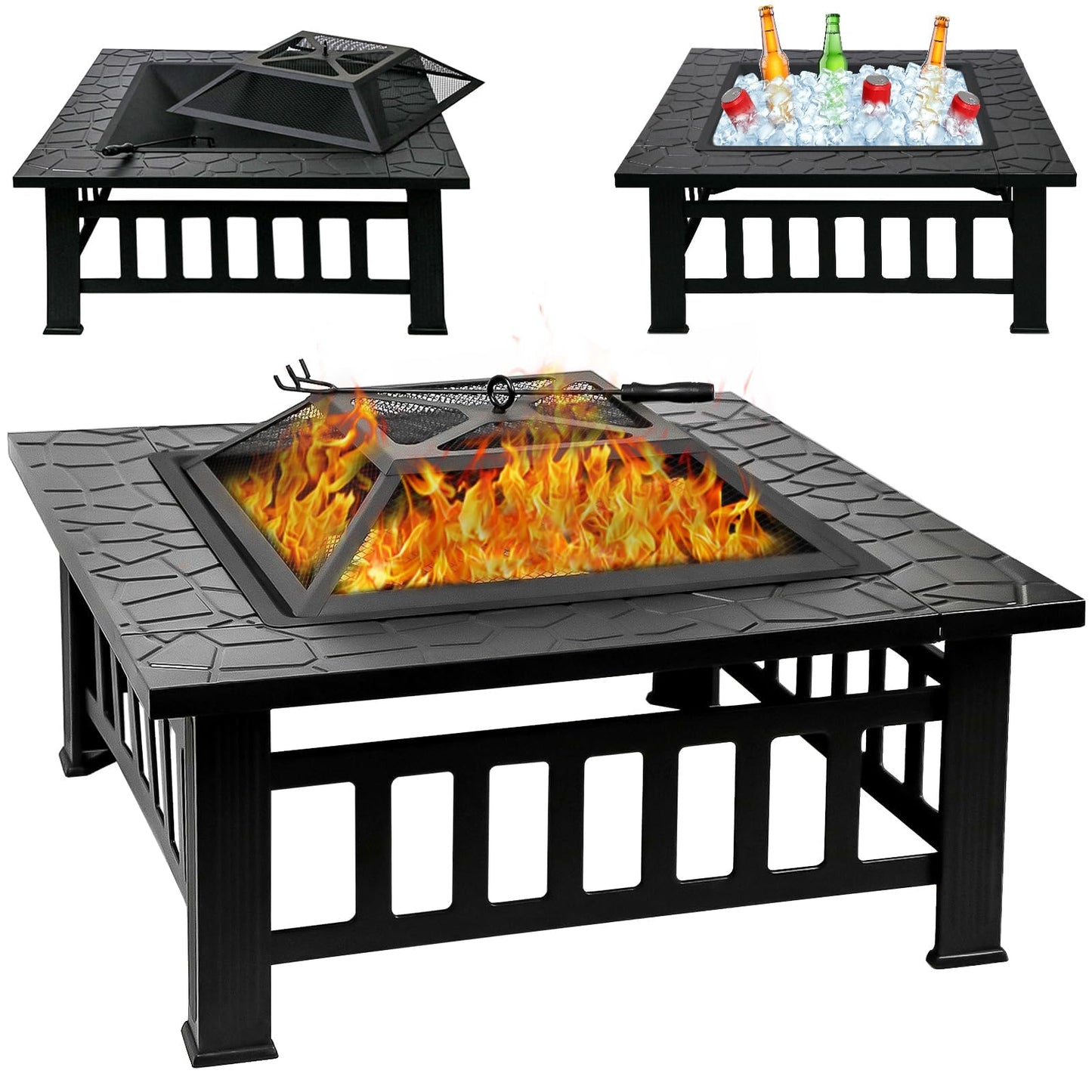 Quilushey 32 Inch Fire Pit Table with Fire Poker & Spark Screen, Outdoor Burning Fire Pits, 3 in 1 Metal Square Firepit Stove for Outside Heating, Bonfire Party, Camping, Patio, Garden