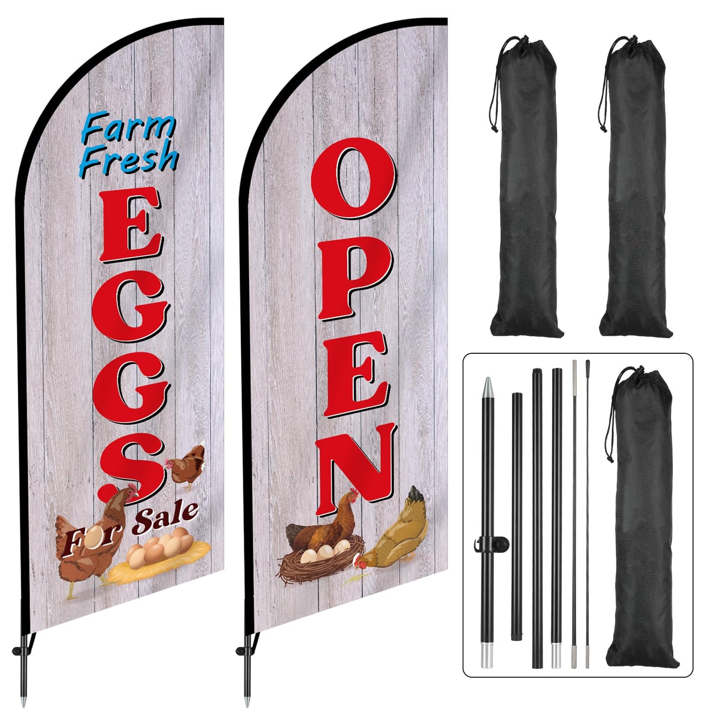 2 Sets Farm Fresh Eggs Feather Flag for Businesses Fresh Eggs Themed Swooper Banner Sign with Carbon Fiber Pole and Ground Stake Portable Bag Advertising Flag Banner for Business Advertising Outside