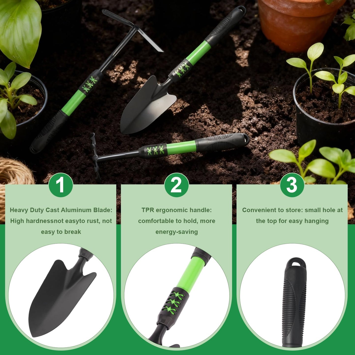 Zenrok Garden Tool Set, 3 Pack Lightweight Heavy Gardening Kit Including Hand Shovel, Transplant Shovel and Hand Rake with Soft Rubber Non-Slip Handle, for Planting Weeding Digging, Green ﻿