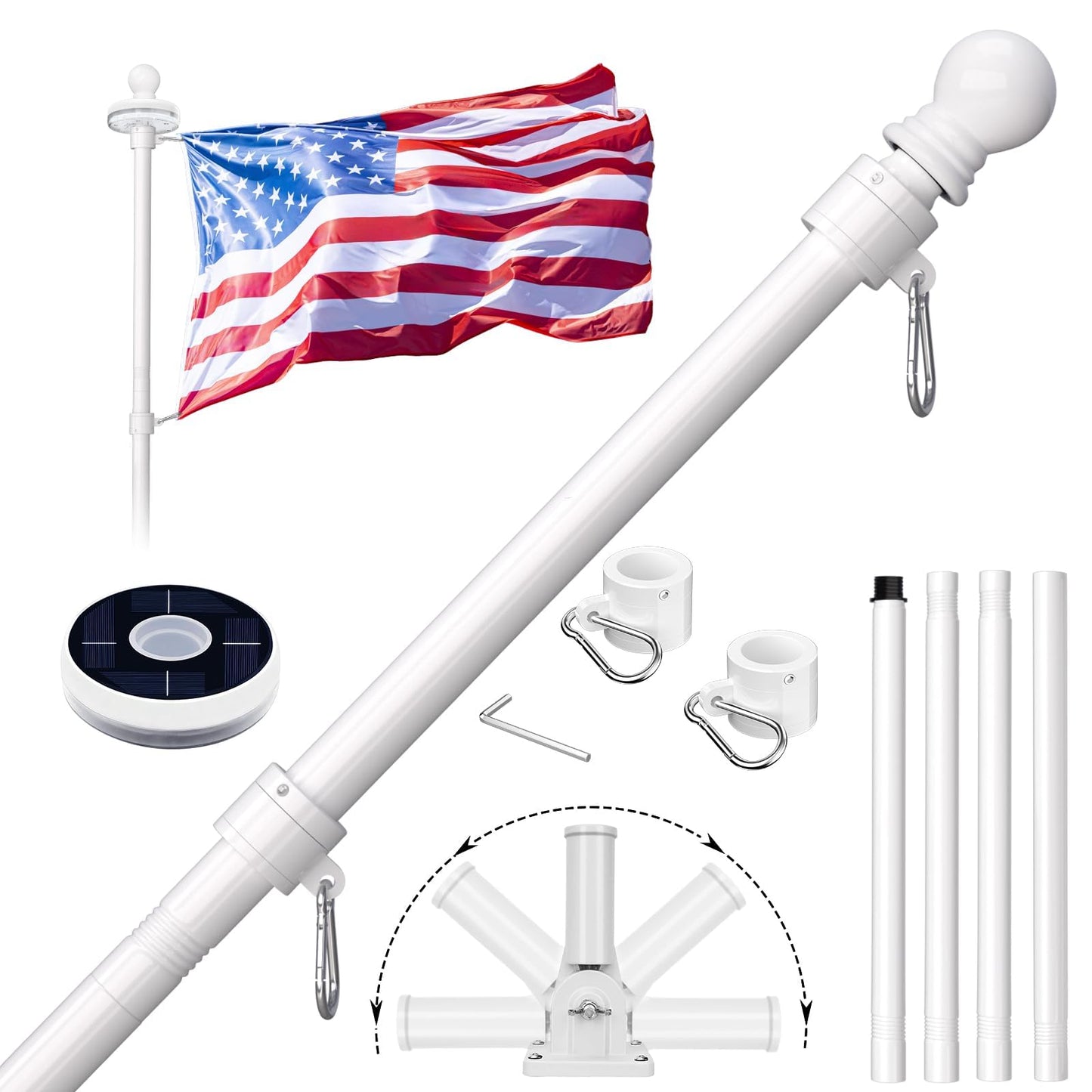 ZMTECH 5 FT Flag Pole for Outside House with Solar Light, Tangle Free Stainless Steel Flag Pole Kit, 180° Adjustable Flag Pole Holder & Flag Holder Bracket, White (No Flag)
