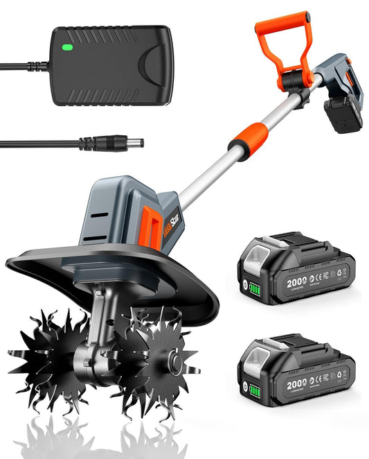 Cordless Tiller Cultivator for Gardening, 360 RPM Electric Garden Rototiller with 48 Steel Tines, 9 Inch Tilling Width & 7 Inch Depth, 21V Battery Powered Small Tiller for Soil/Cultivating/Lawn/Garden