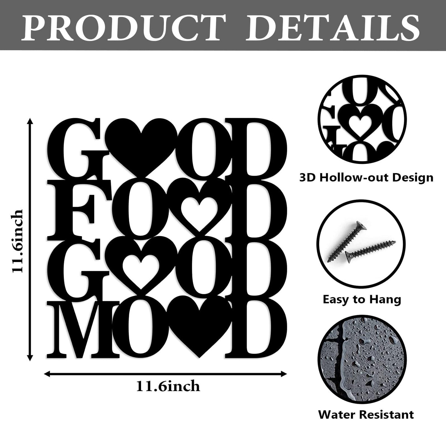 Good Food Good Mood Metal Wall Art Sign, Farmhouse Dining Room Kitchen Wall Decor Housewarming Gift Counter Pantry Sign Black, 11.6x11.6 inches