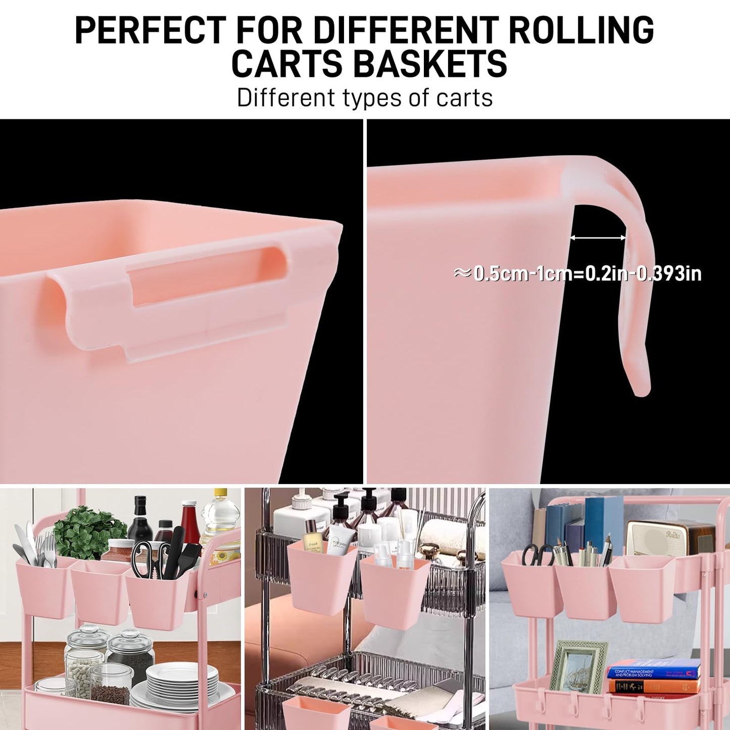 LEZIOA 5 Pack Hanging Cup Holders, Multipurpose Rolling Cart Accessories Utility Cart Accessories For Art Craft Supplies, Space Saving Hanging Storage Basket Pencil Holder Makeup Organizers (Pink)