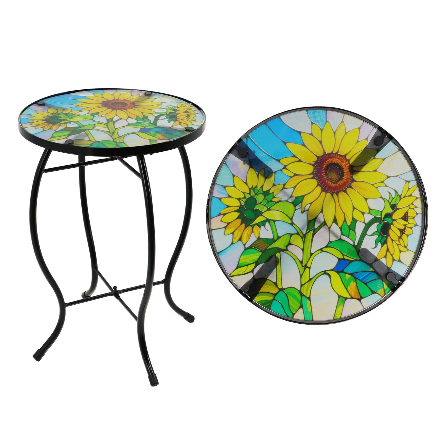 Voumsil Small Side Table with Metal Frame, 10.5" Round Side Tables with Sunflower Pattern,Outdoor Table for Balcony,Terrace,Garden,Living Room