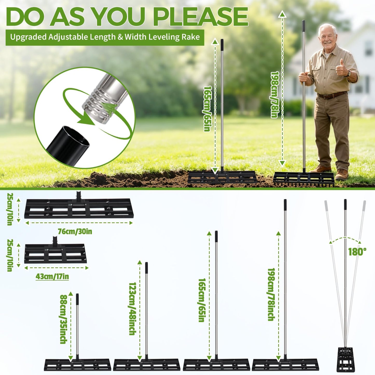 Lawn Leveling Rake for Soil, 17"-30" Modular Interlocking Stainless Steel Lawn Leveler, 78"Adjustable Handle Yard Leveling Rake, Anti-Flip Ground Leveler for Yard, Sand, Topdressing, Golf Course, Farm